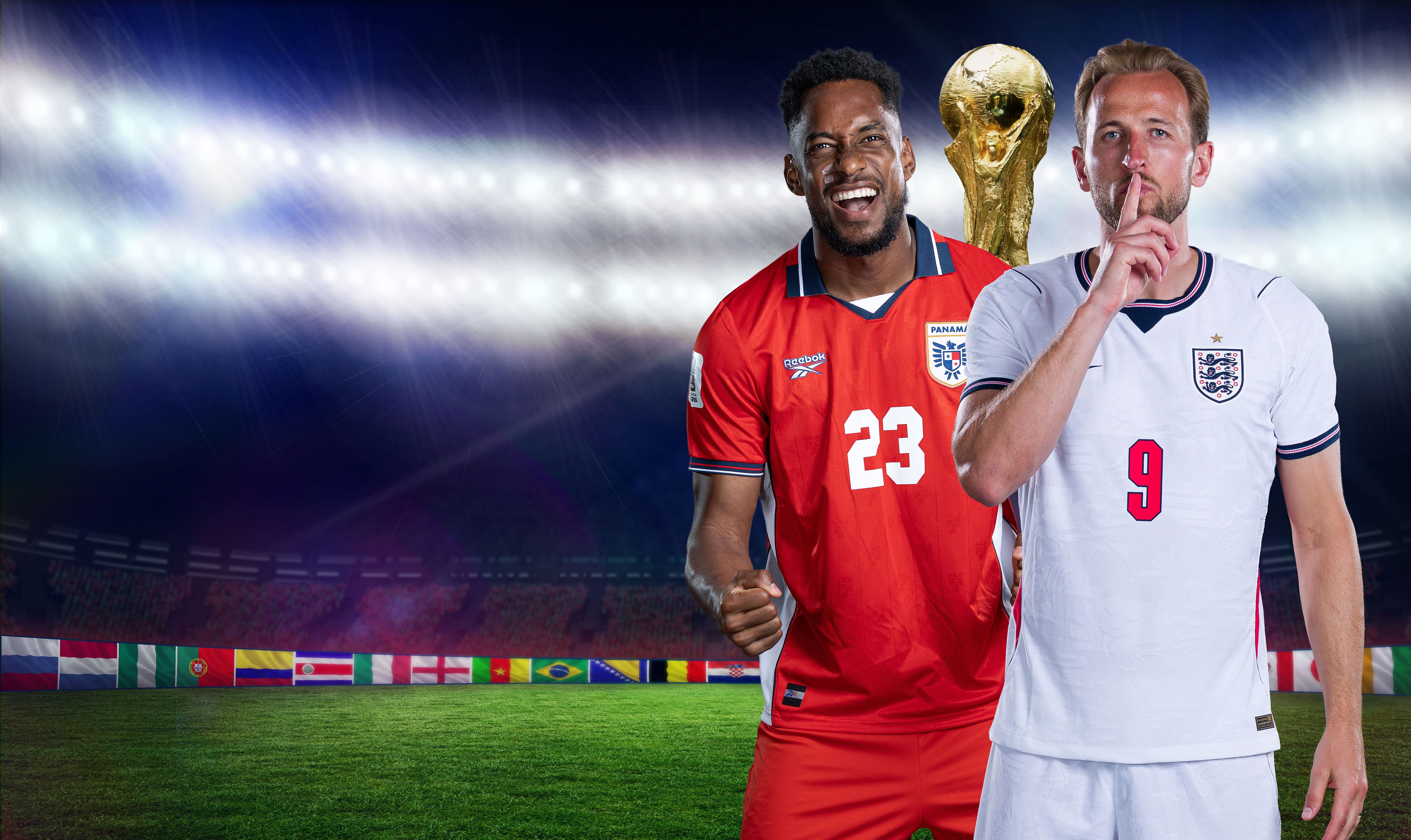 Zwei Fußballspieler aus Panama und England stehen im Stadion, im Hintergrund der WM-Pokal.