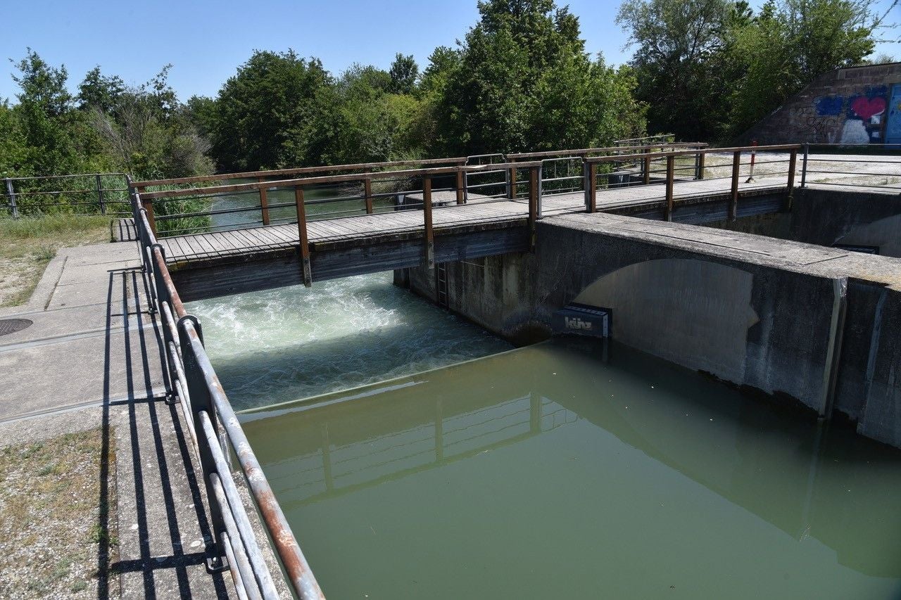 Kleine Wehranlage mit Brücke, Wasser strömt unter der Brücke hindurch, umgeben von Bäumen.