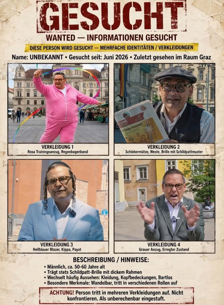 Fahndungsplakat mit vier Fotos einer gesuchten Person in verschiedenen Verkleidungen.