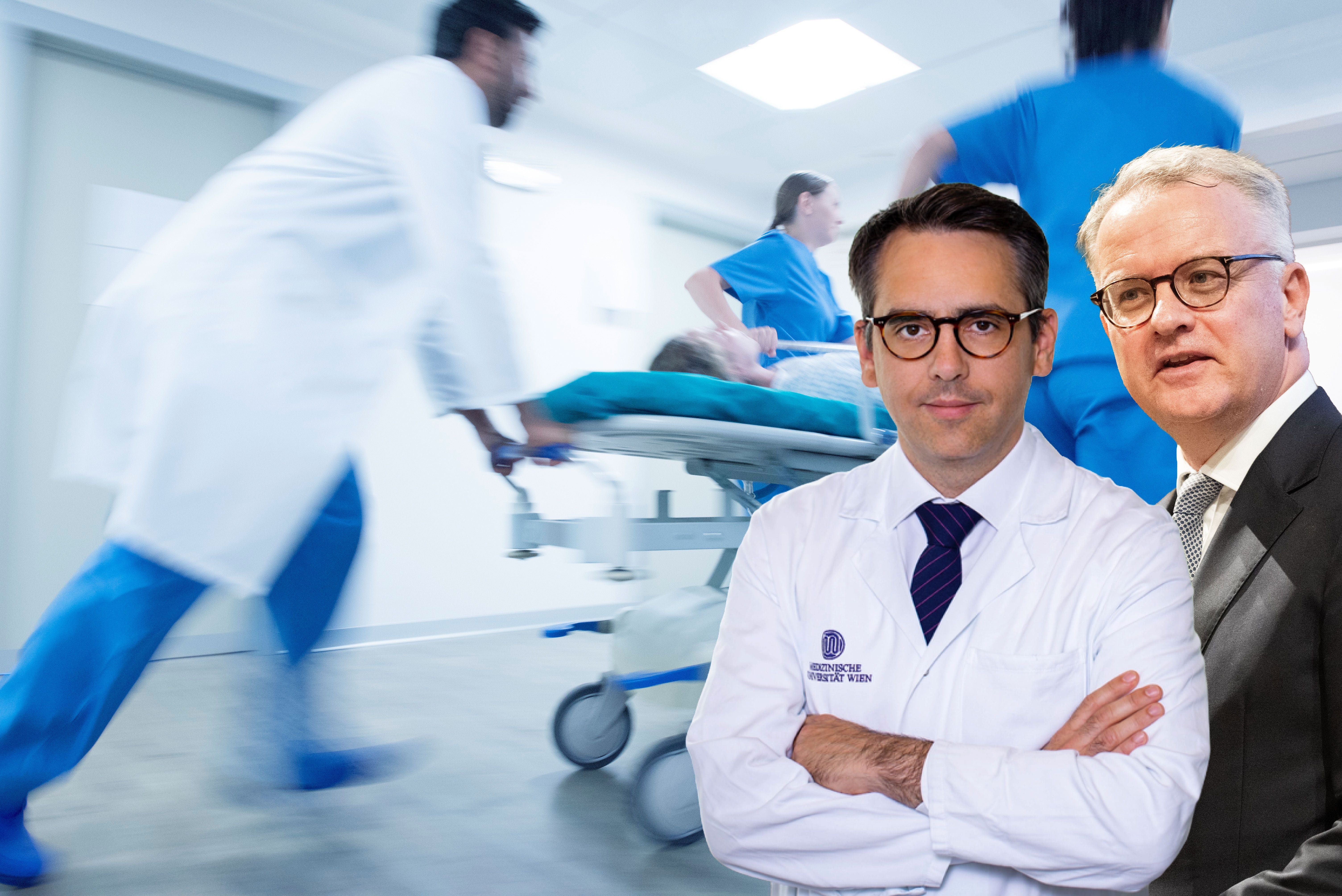 Zwei Männer, einer im Arztkittel, vor unscharfer Szene mit Notfallpersonal und Patient auf Trage.