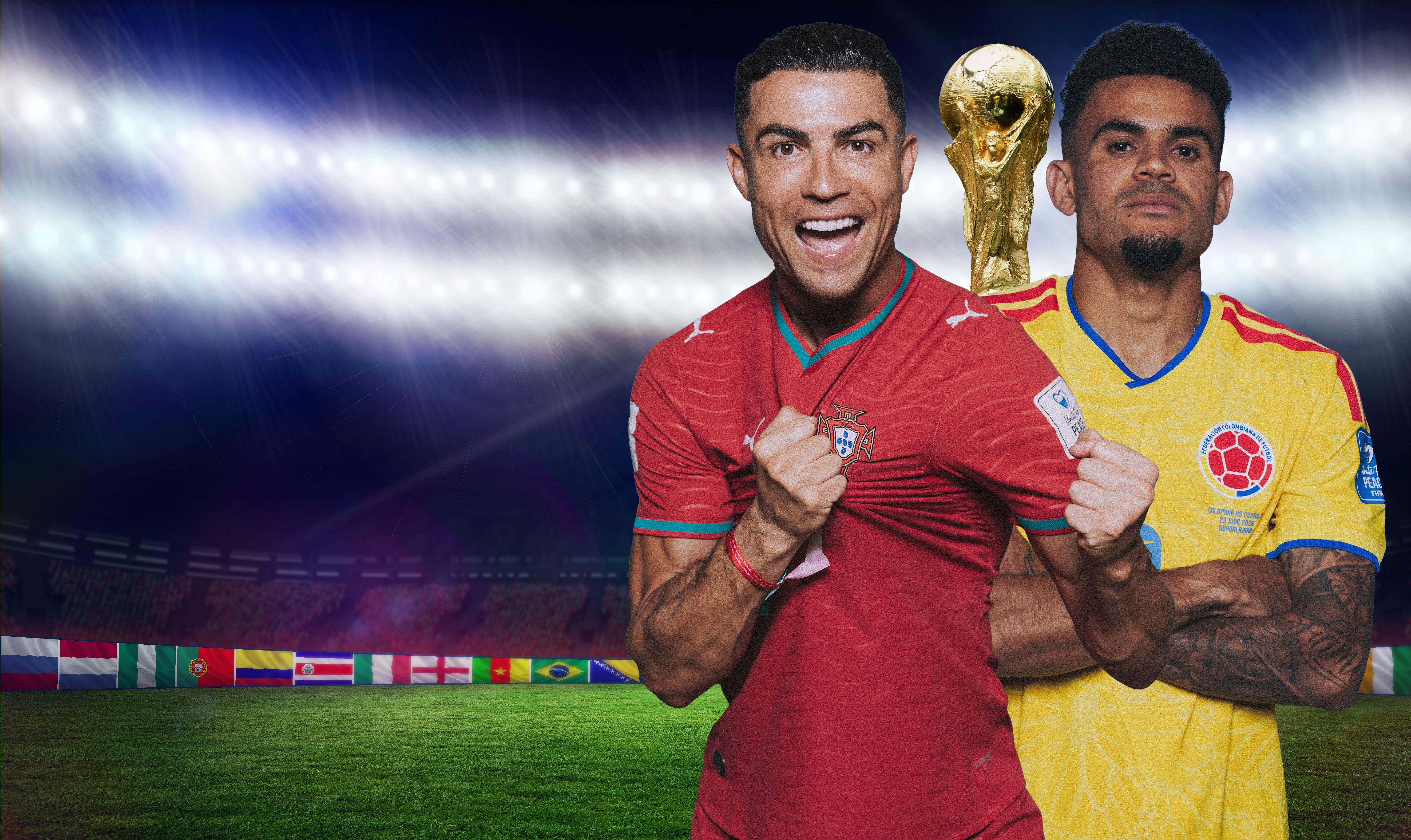 Zwei Fußballspieler aus Portugal und Kolumbien vor einem Stadion mit der WM-Trophäe im Hintergrund.