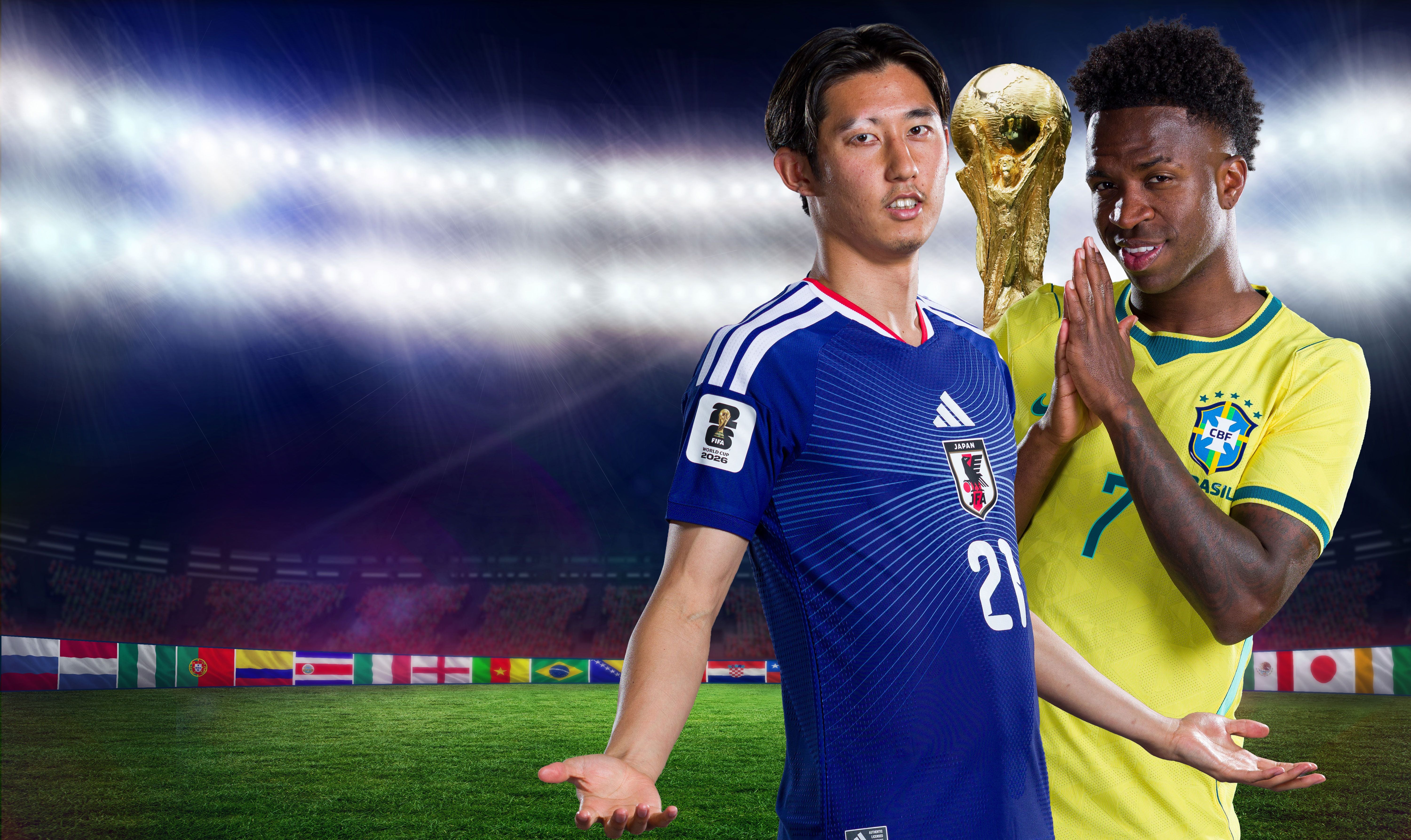 Zwei Fußballspieler aus Japan und Brasilien stehen im Stadion, im Hintergrund der WM-Pokal.
