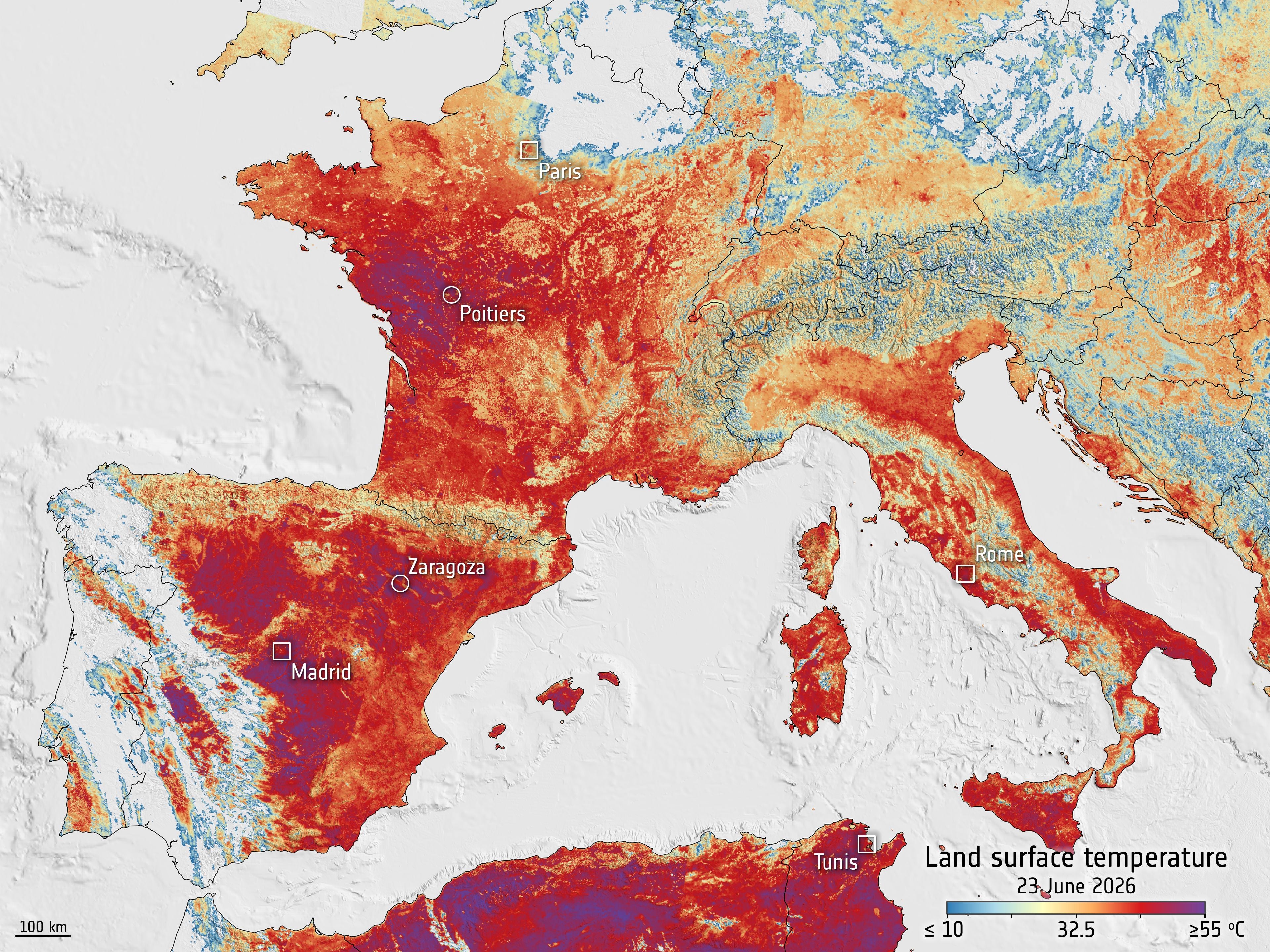 Hitzekarte Europas mit hohen Bodentemperaturen am 23. Juni 2026, vor allem in Südwesteuropa.