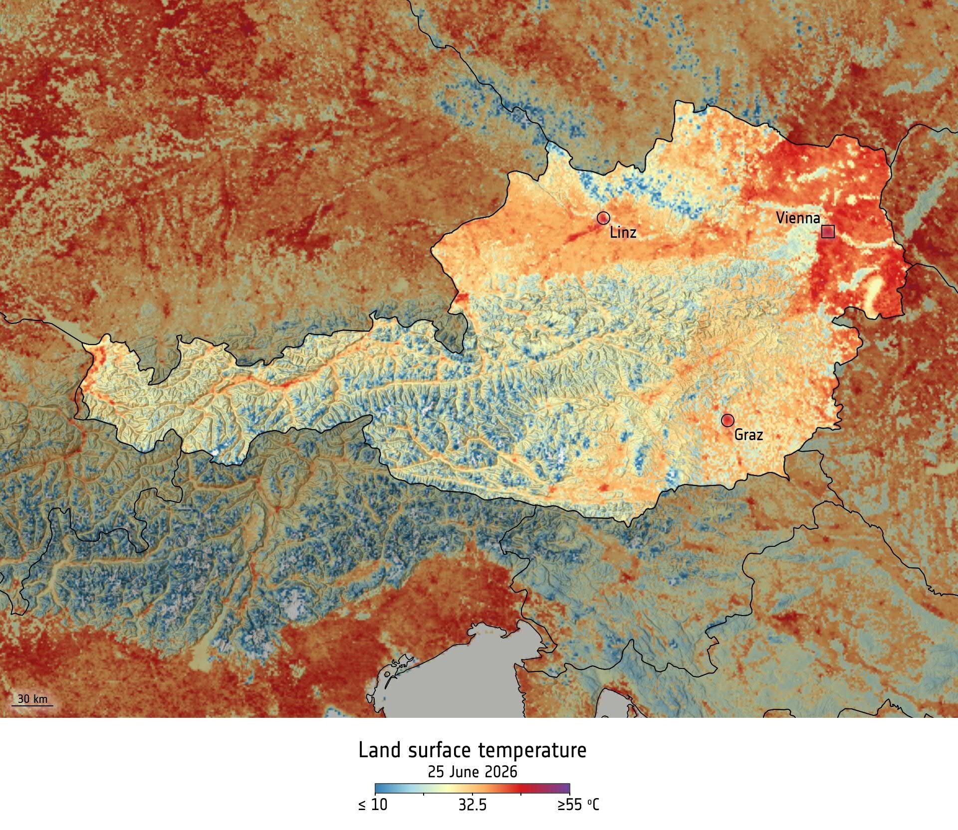Karte zeigt die Bodentemperatur in Österreich am 25. Juni 2026 mit Farbcodierung von blau bis rot.