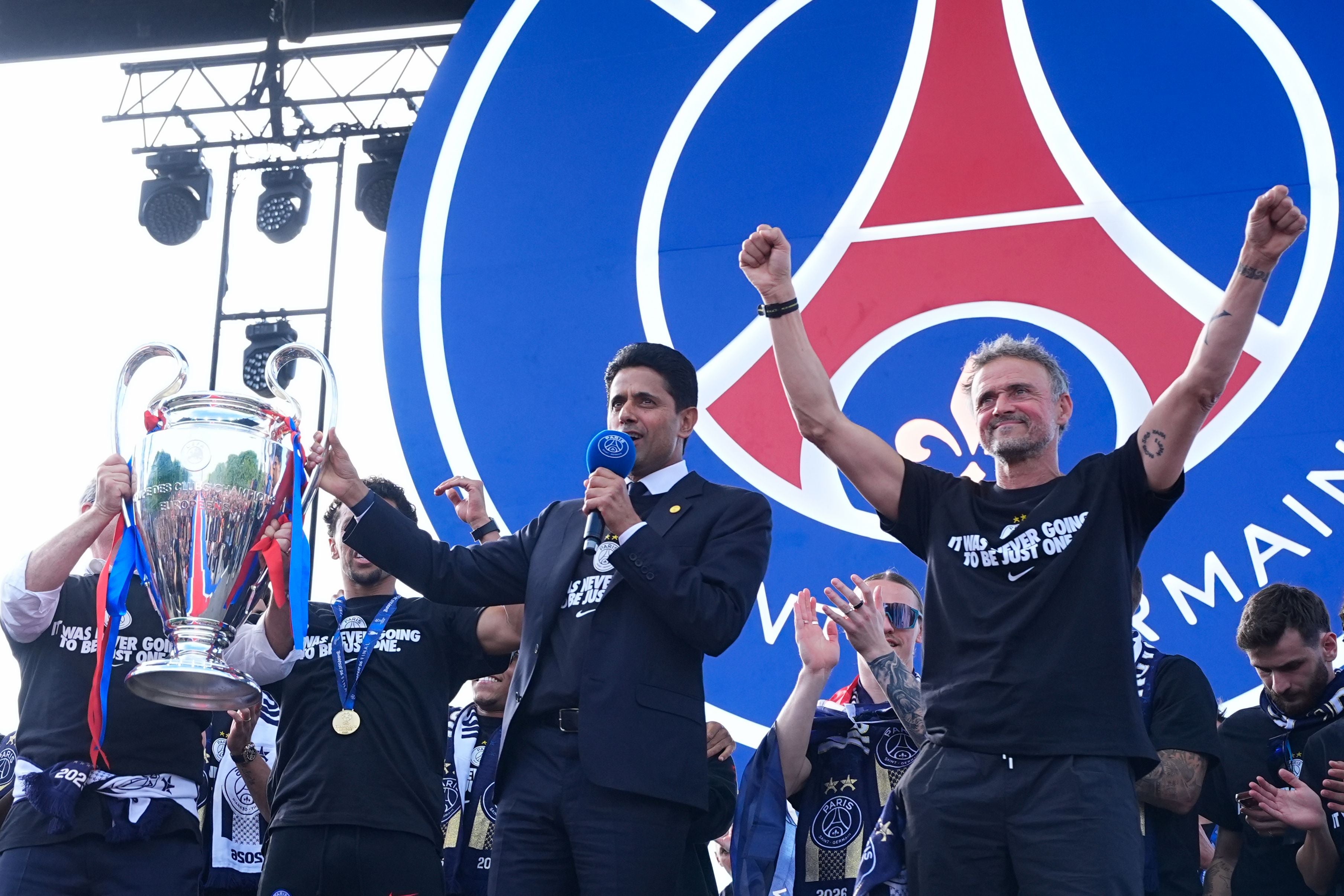 PARIS, FRANCE - MAY 31: Nasser al-Khelaifi President of Paris Saint-Germain F.C. and Luis Enrique Coach of Paris Saint-Germain F.C. during the Paris Saint-Germain trophy celebrations and parade on May 31, 2026 in Champs de Mars, France. (Photo by Glenn Gervot - PSG / PSG via Getty Images)