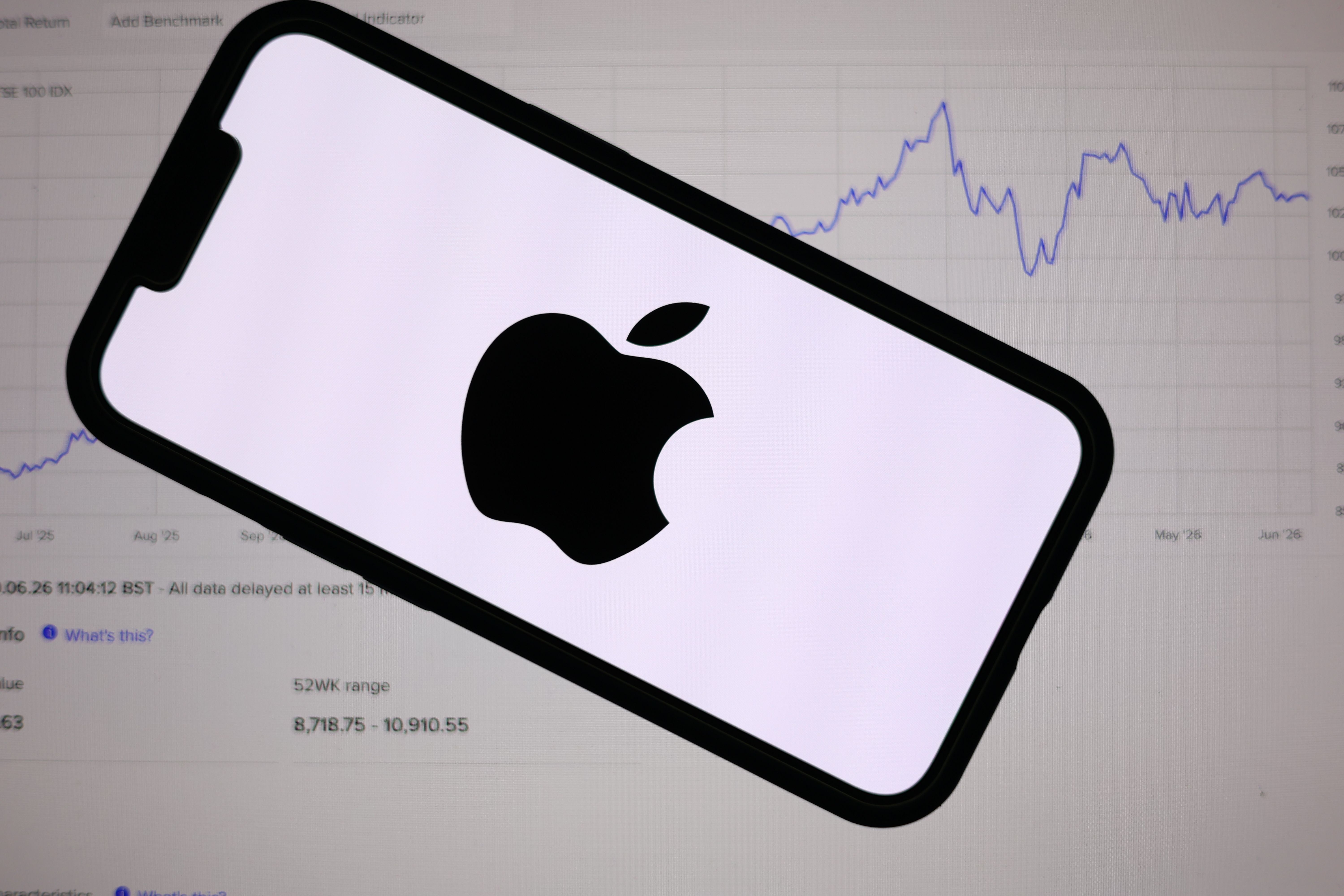 Ein Handy mit Apple-Logo liegt vor einem Bildschirm mit Börsengrafik im Hintergrund.