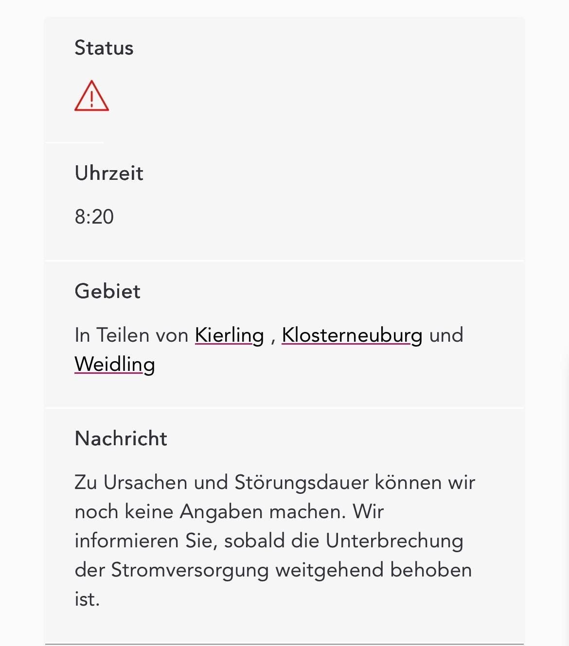 Meldung über einen Stromausfall in Teilen von Klosterneuburg, Kierling und Weidling.