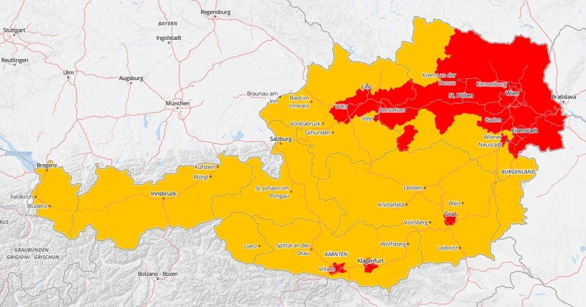 Österreichische Karte mit Hitzewarnungen: Rote Regionen bedeuten, dass hier "mit extremer Hitzebelastung zu rechnen" ist.