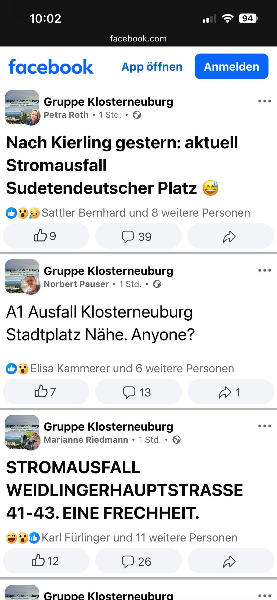 Screenshot von Facebook-Posts über Stromausfälle in Klosterneuburg.