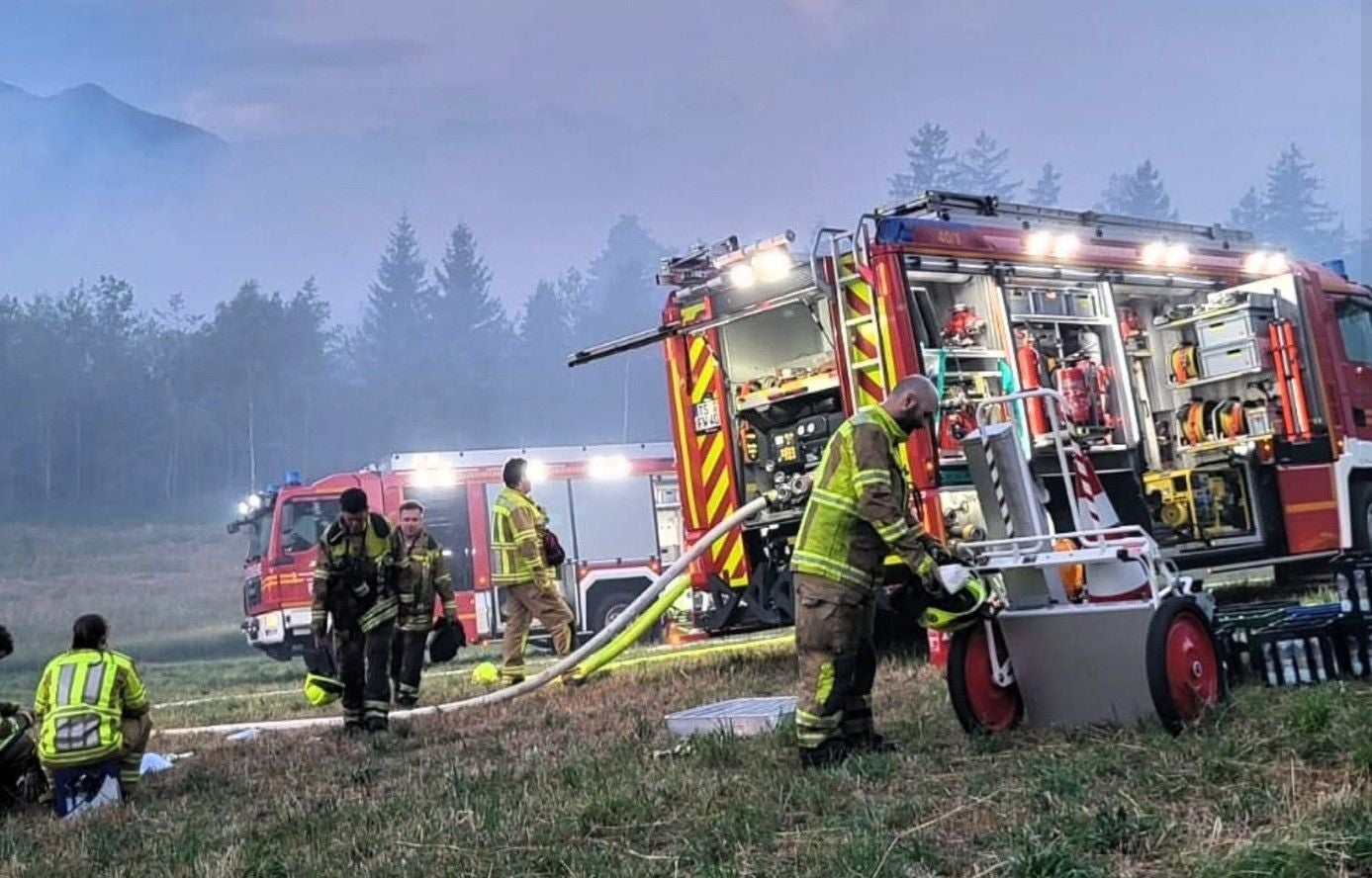 Feuerwehrleute bekämpfen bei Dämmerung mit Löschfahrzeugen einen Waldbrand.