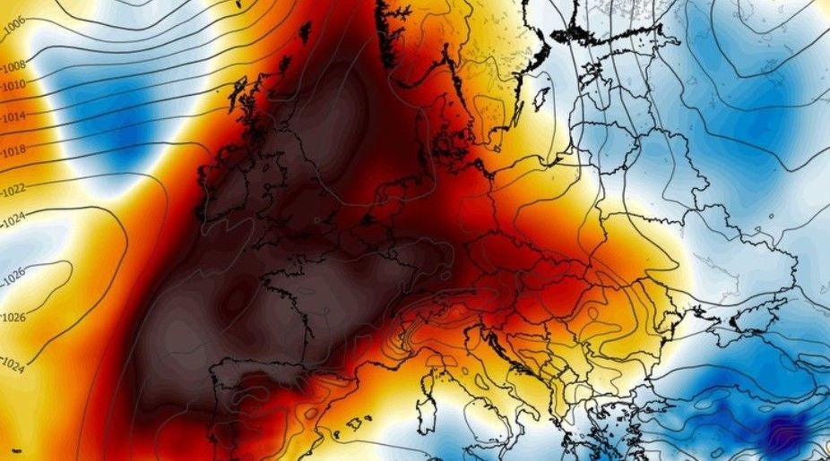 Wetterkarte mit intensiven Rot- und Schwarztönen über Mitteleuropa, die Hitze anzeigen.