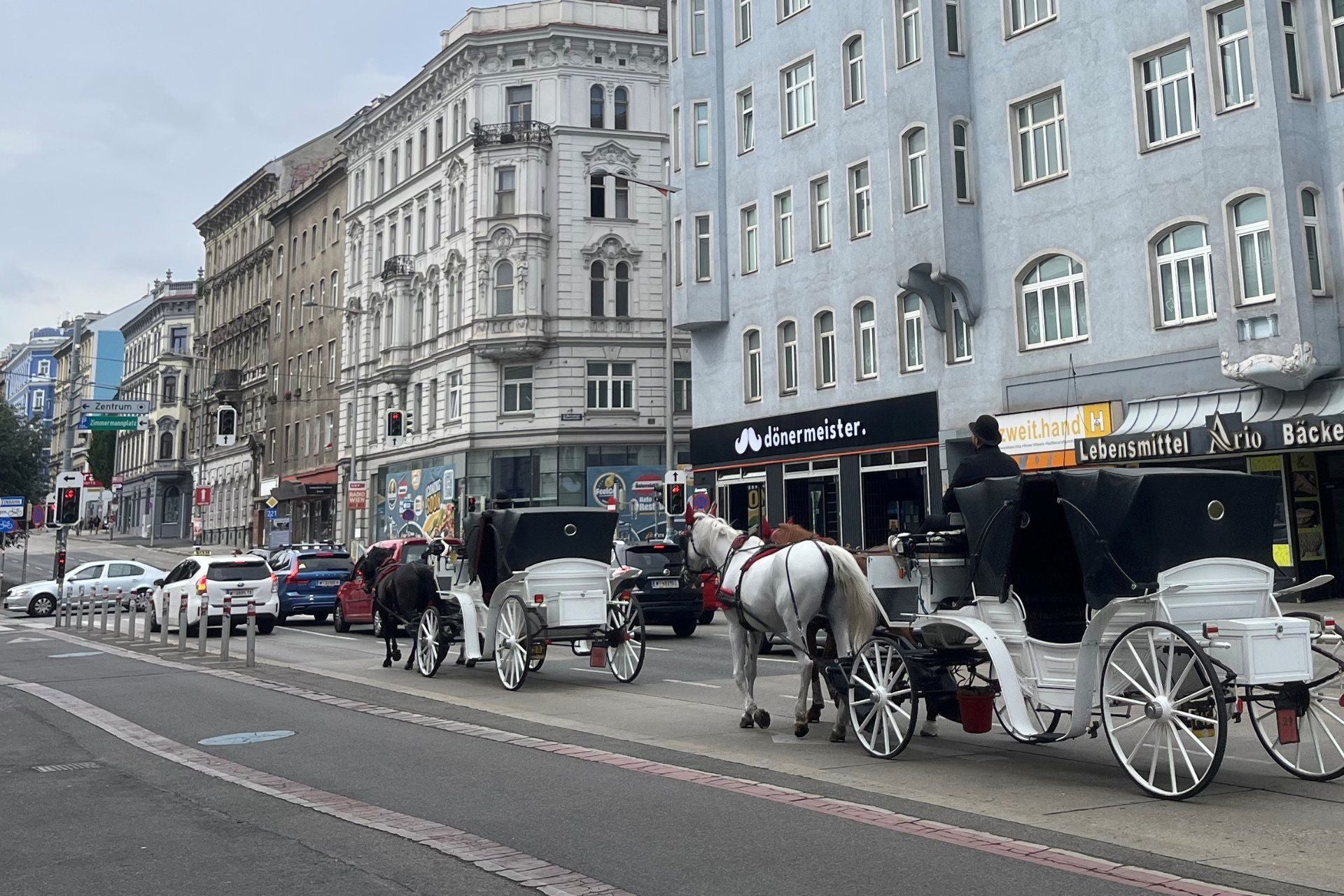Zwei Fiaker mit weißen Pferden und Kutschen stehen am Straßenrand in einer Stadt.