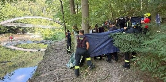 Feuerwehrleute spannen eine Plane am Waldrand neben einem Fluss mit Brücke im Hintergrund.