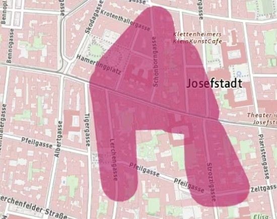 Karte von Josefstadt mit violett markiertem Bereich, der vom Stromausfall betroffen ist.