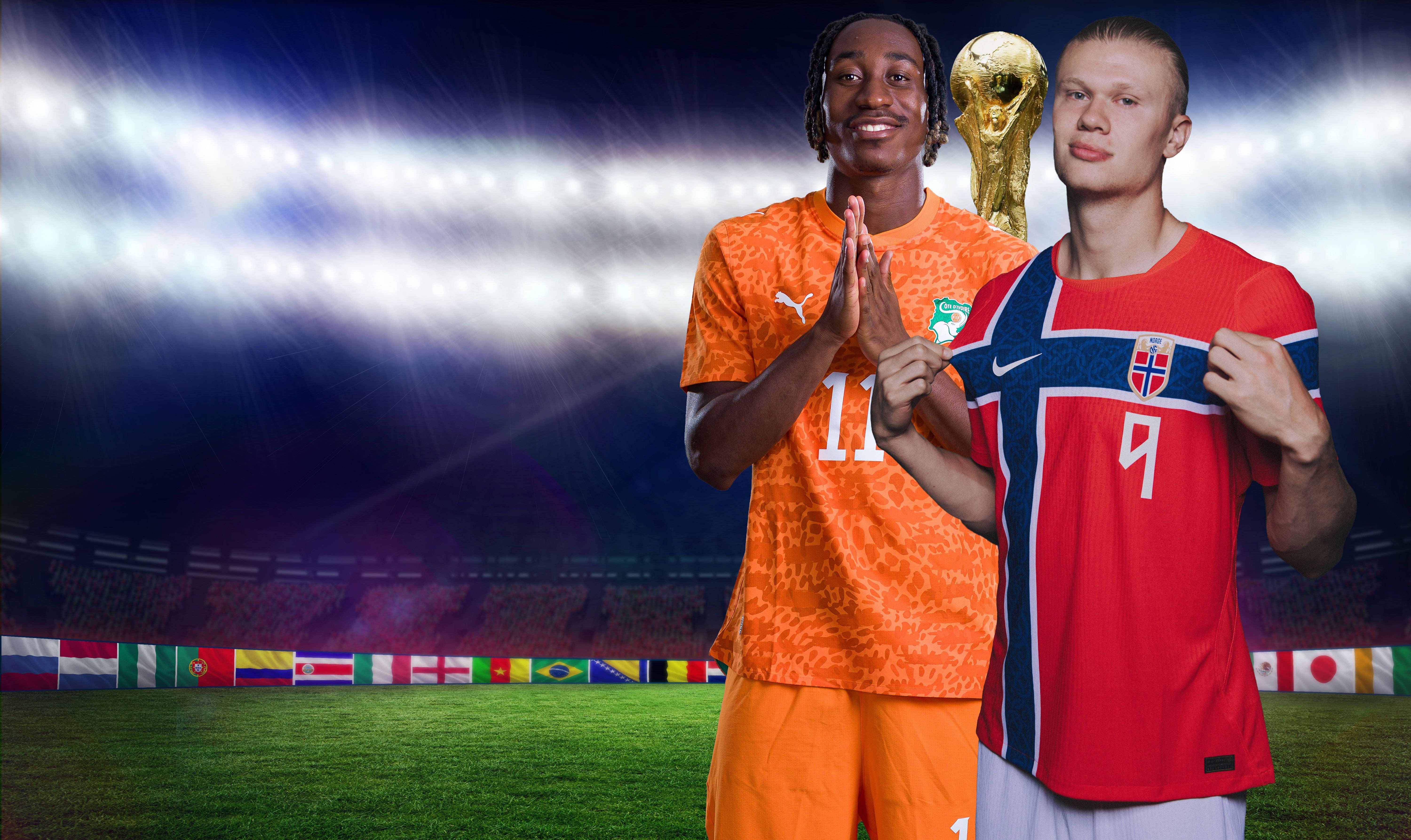 Zwei Fußballer aus der Elfenbeinküste und Norwegen posieren im Stadion vor dem WM-Pokal.