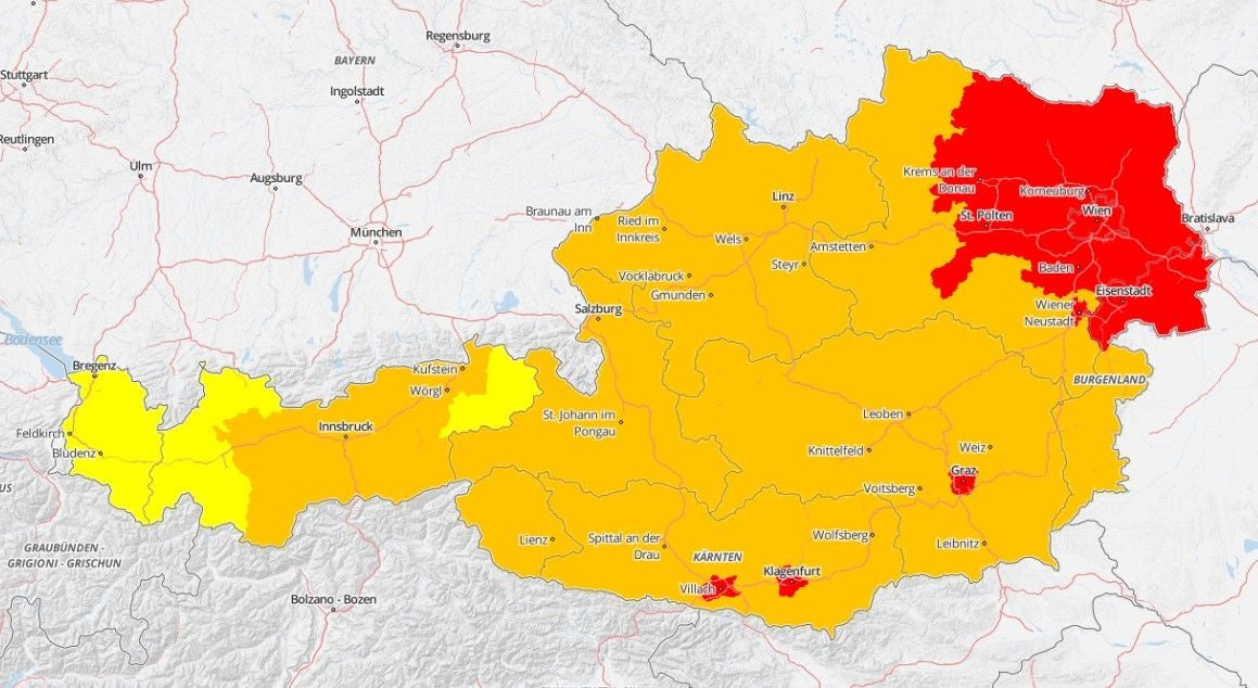 Hitze-Warnkarte der GeoSphere Austria: Warnstufe Rot bedeutet, dass "mit extremer Hitzebelastung zu rechnen" ist.