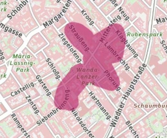 Stadtplanausschnitt mit lila markiertem Bereich eines Stromausfalls rund um den Wanda-Lanzer-Park.