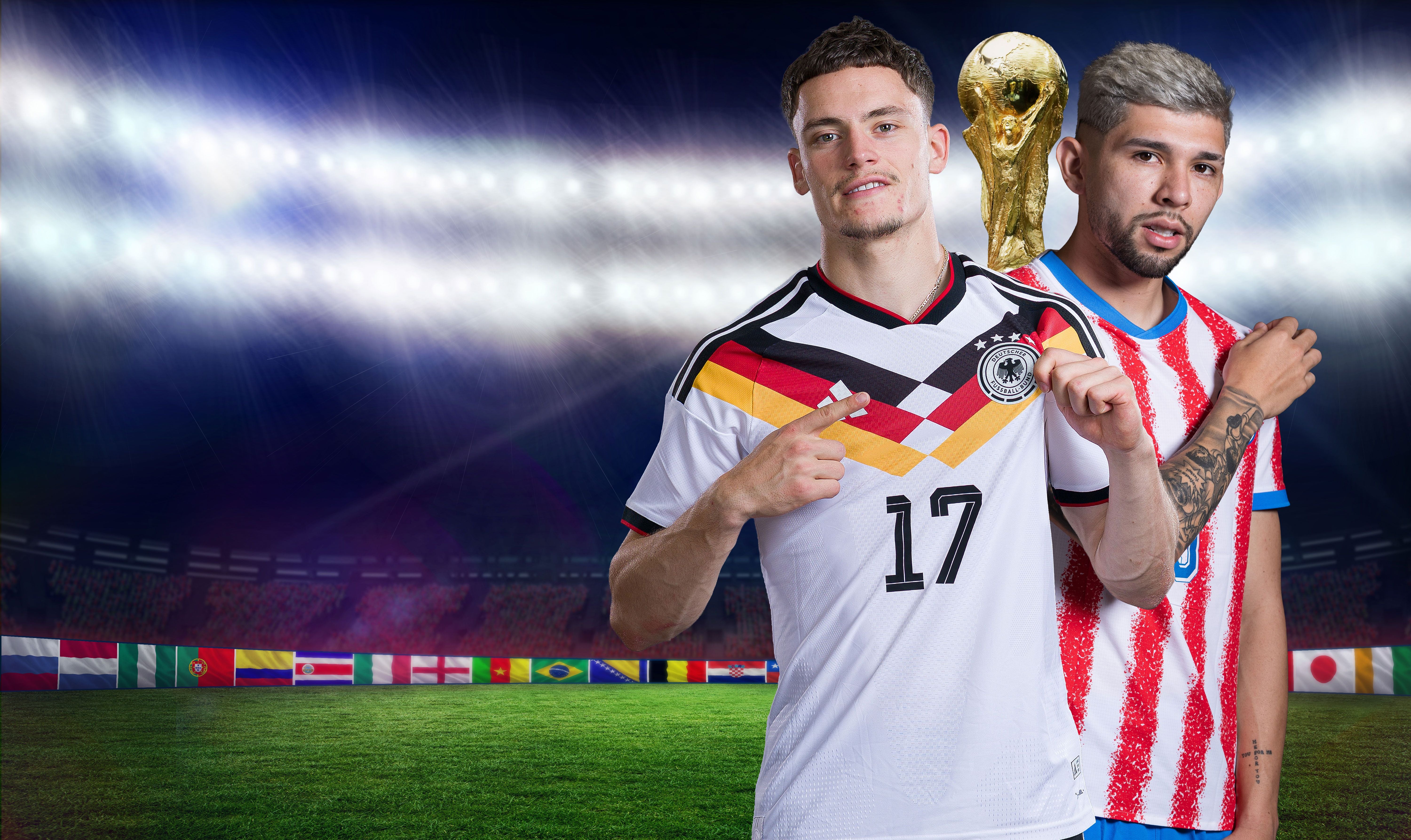 Zwei Fußballspieler aus Deutschland und Paraguay vor einem Stadion mit WM-Pokal im Hintergrund.