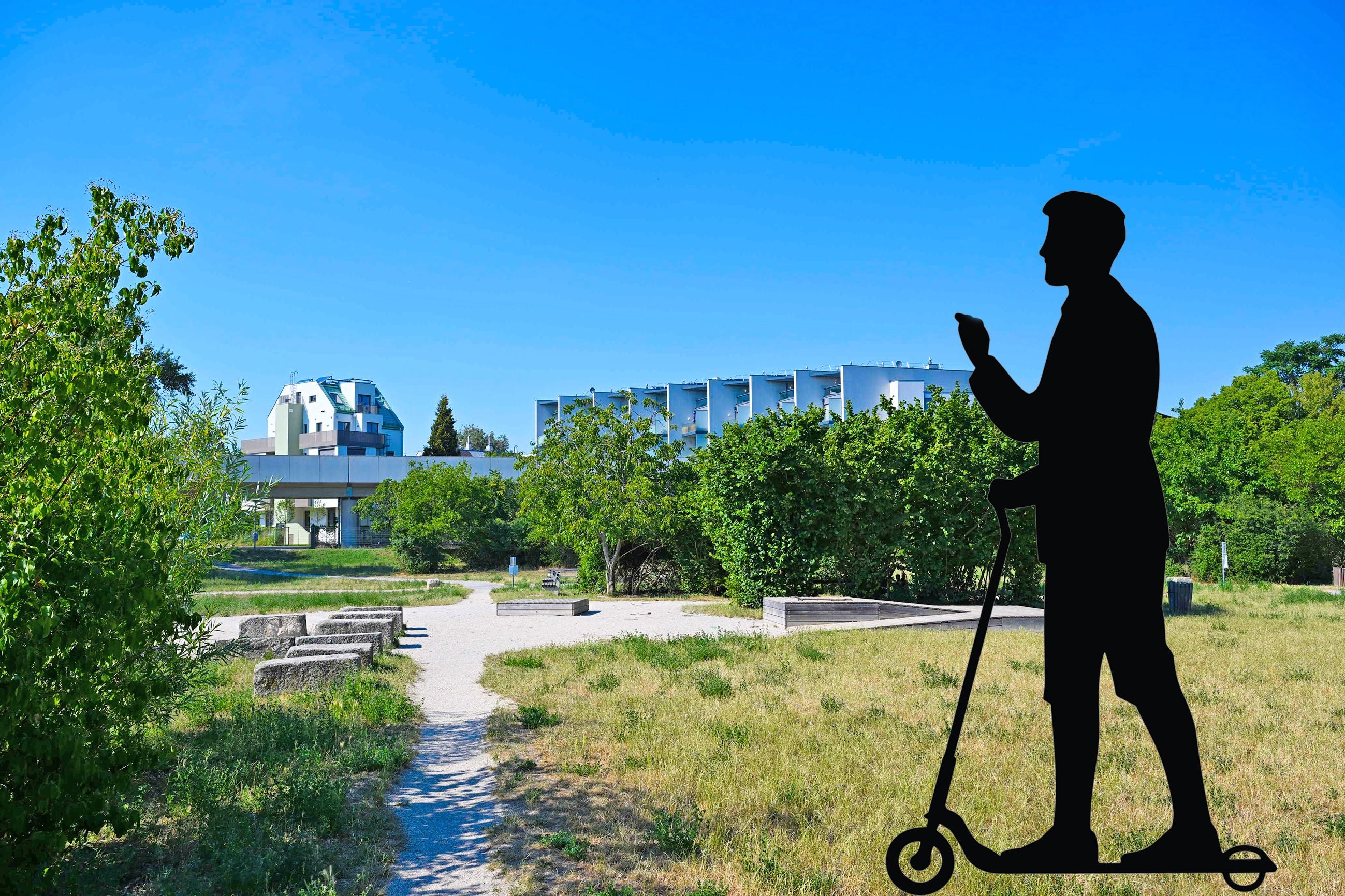 Silhouette einer Person auf einem Tretroller im Park, moderne Gebäude im Hintergrund.