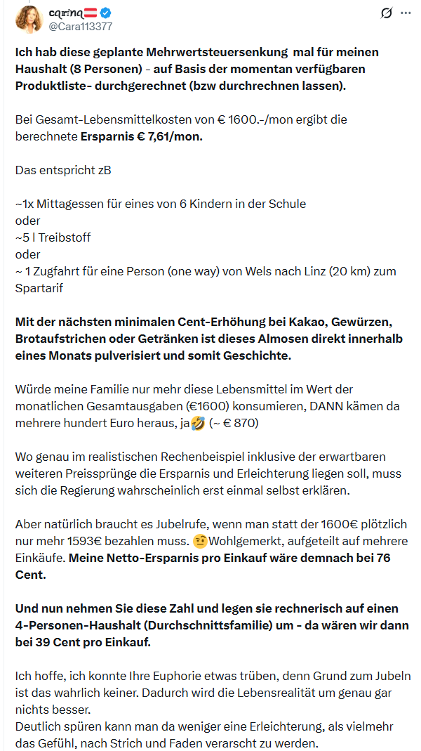 Tweet mit detaillierter Berechnung zur Einsparung durch eine Mehrwertsteuersenkung im Haushalt.