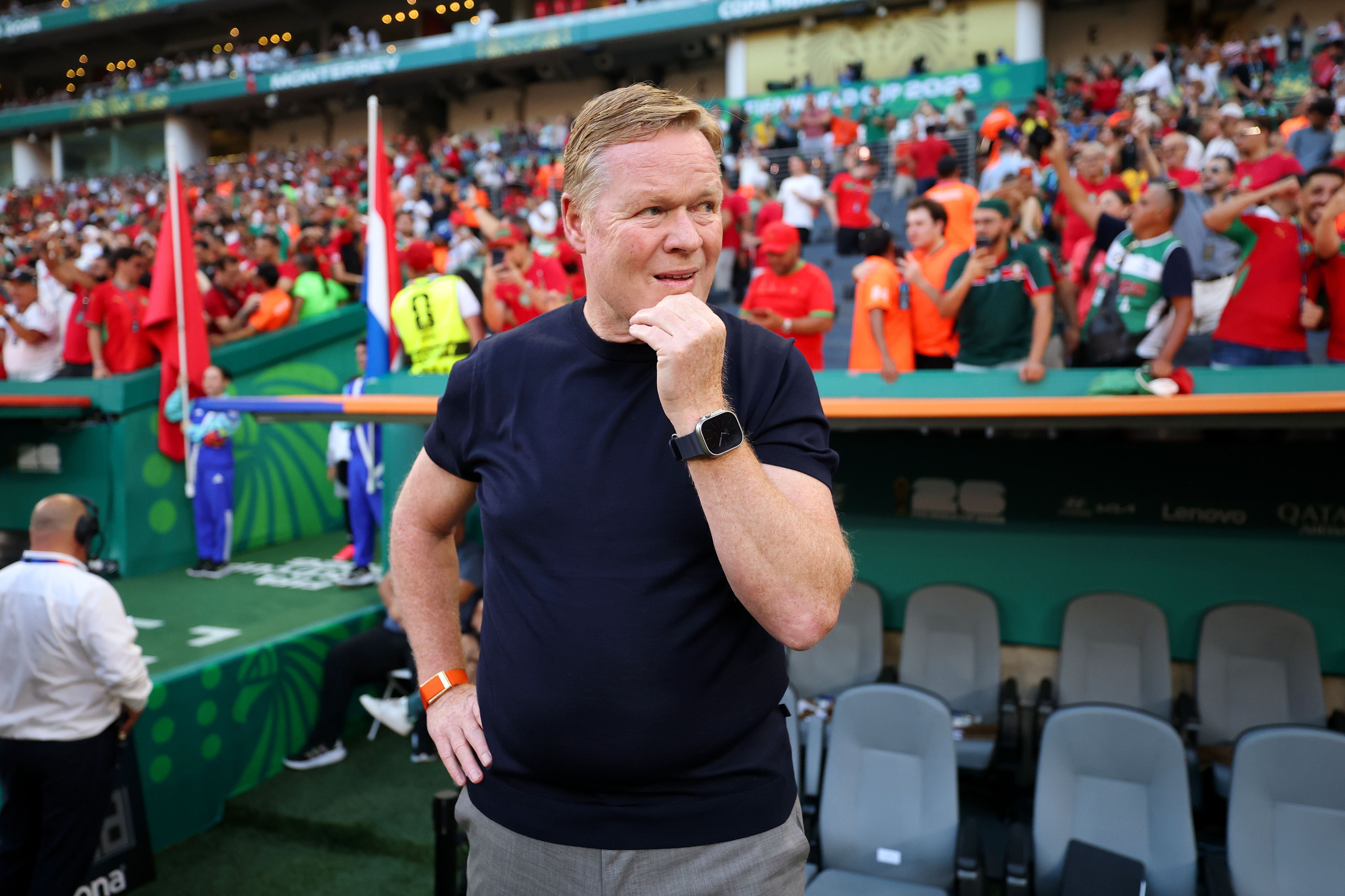 GUADALUPE, MEXICO - JUNE 29: Ronald Koeman, Head Coach of the Netherlands, looks on before the FIFA World Cup 2026 Round of 32 match between Netherlands and Morocco at Monterrey Stadium on June 29, 2026 in Guadalupe, Mexico. (Photo by Carl Recine/Getty Images)