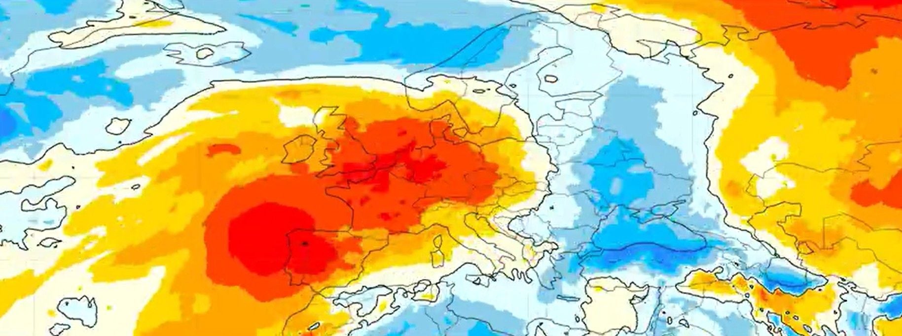 Prognosekarte mit roter Hitzeglocke über Europa