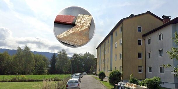 Mehrstöckiges Wohnhaus mit parkenden Autos, darüber ein Kreis mit einer Nahaufnahme von Asbest.