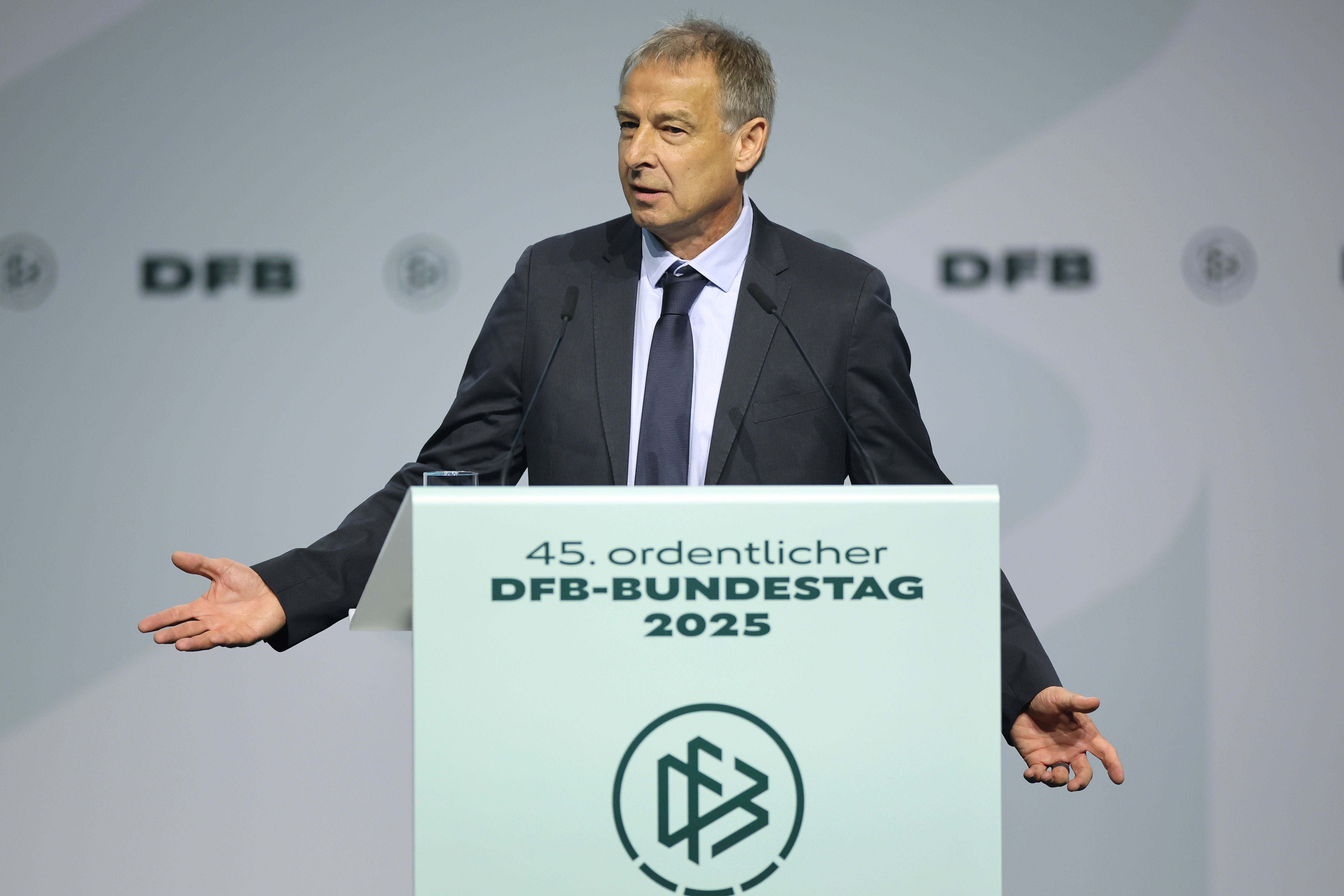 FRANKFURT AM MAIN, GERMANY - NOVEMBER 07: Jürgen Klinsmann, former head coach of the German national team addresses the audience at the DFB Bundestag 2025 at DFB-Campus on November 07, 2025 in Frankfurt am Main, Germany. (Photo by Alex Grimm/Getty Images)