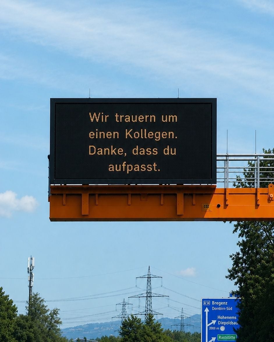 Elektronische Anzeigetafel der Asfinag: "Wir trauern um einen Kollegen. Danke, dass du aufpasst."