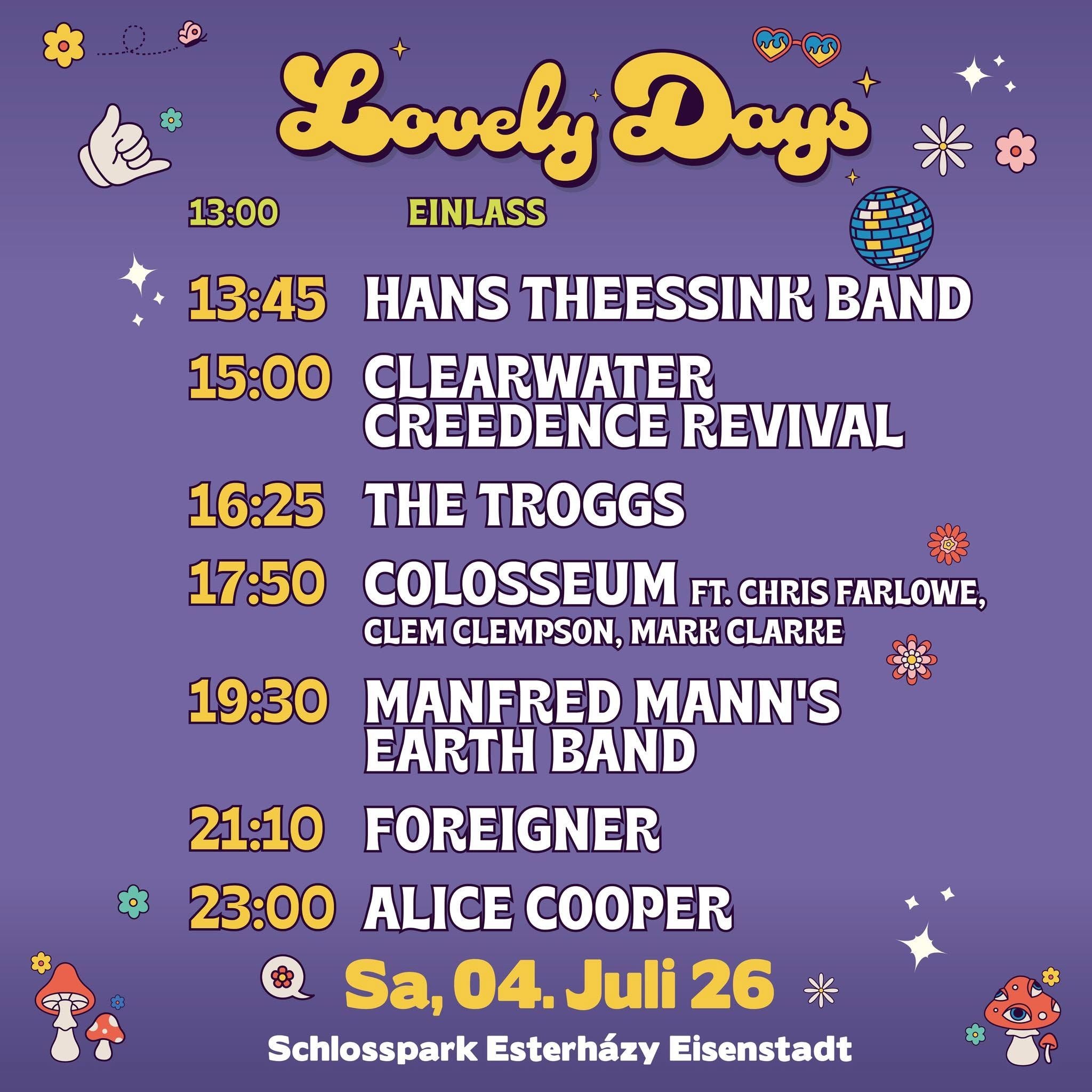 Programm des Lovely Days Festivals 2026 mit Bandauftritten und Uhrzeiten auf lila Hintergrund.