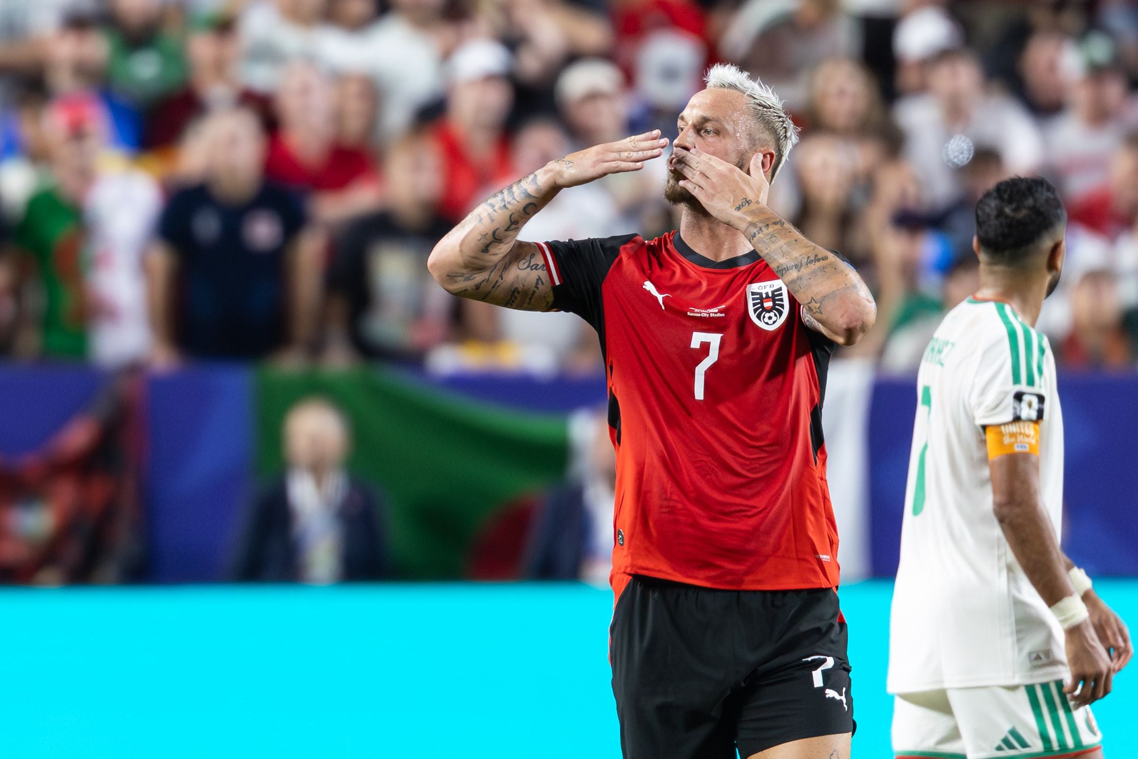 Marko Arnautovic feiert ein Tor beim Spiel Österreich gegen Algerien bei der WM 2026.