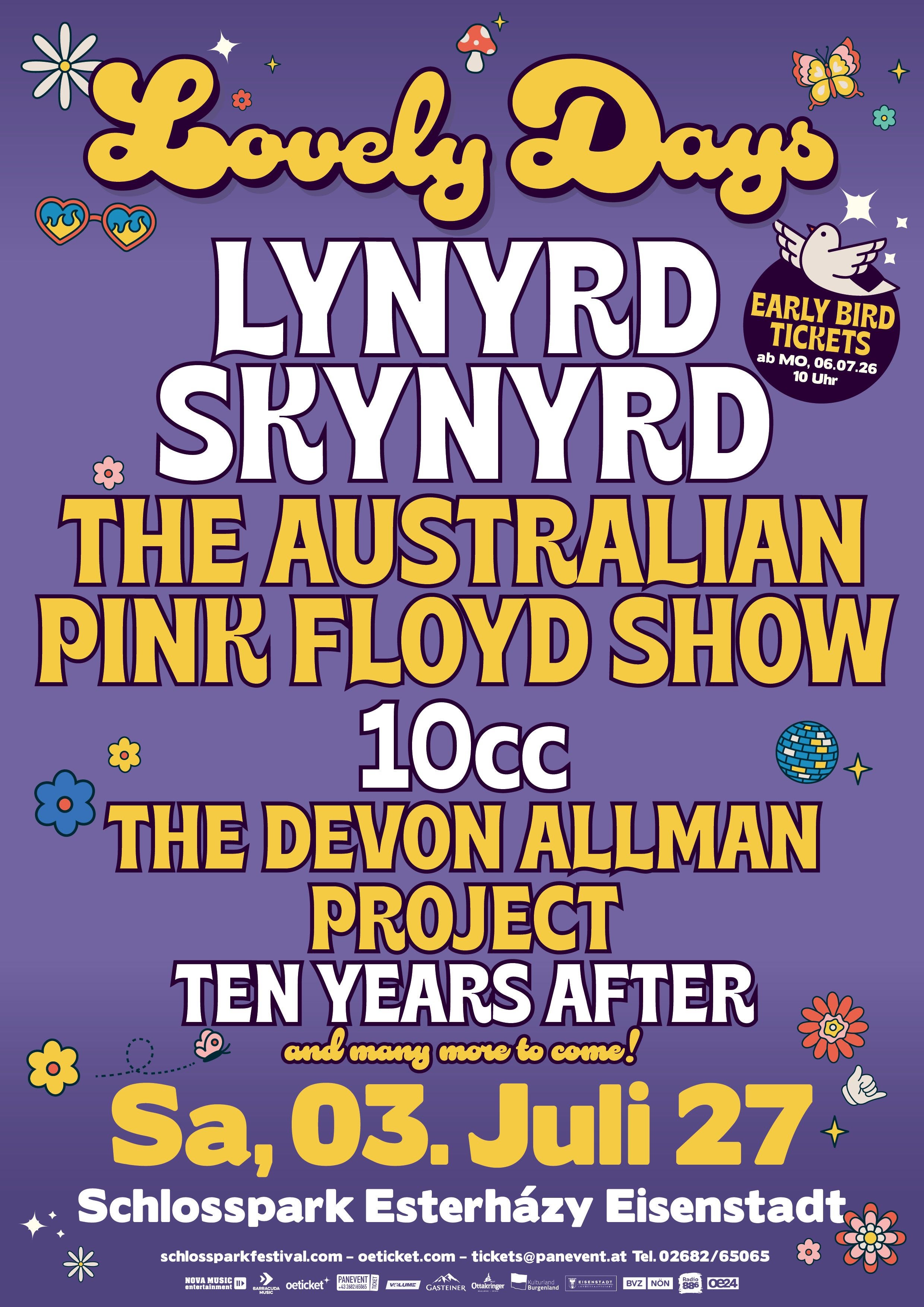 Plakat für das Lovely Days Festival 2027 mit Bandnamen und Datum 3. Juli im Schlosspark Eisenstadt.