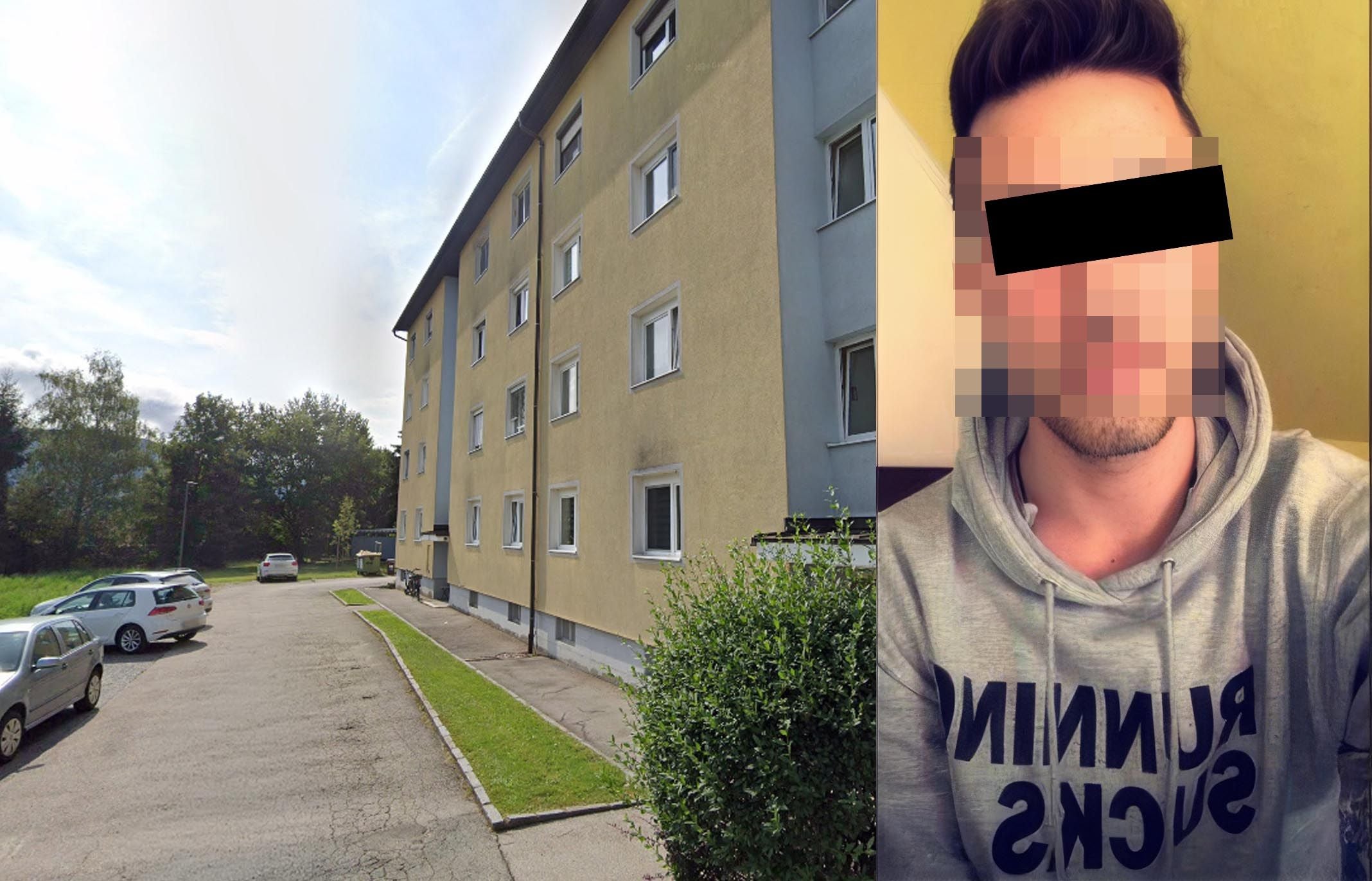 Links ein gelbes Wohnhaus mit parkenden Autos, rechts ein verpixeltes Porträt eines Mannes.