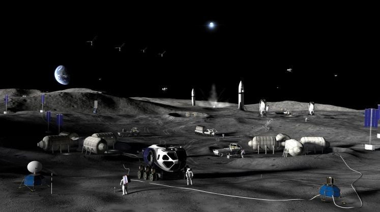 Illustration einer Mondbasis mit Kuppeln, Fahrzeugen, Astronauten und Raketen, Erde im Hintergrund.