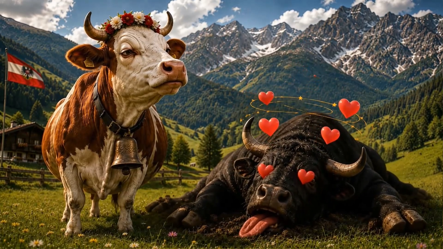 Eine Kuh mit Blumenkranz steht neben einem liegenden Stier mit Herz-Symbolen in den Alpen.