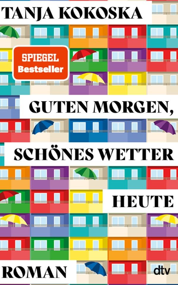 Buntes Hausfassaden-Muster mit Regenschirmen und dem Buchtitel „Guten Morgen, schönes Wetter heute“.