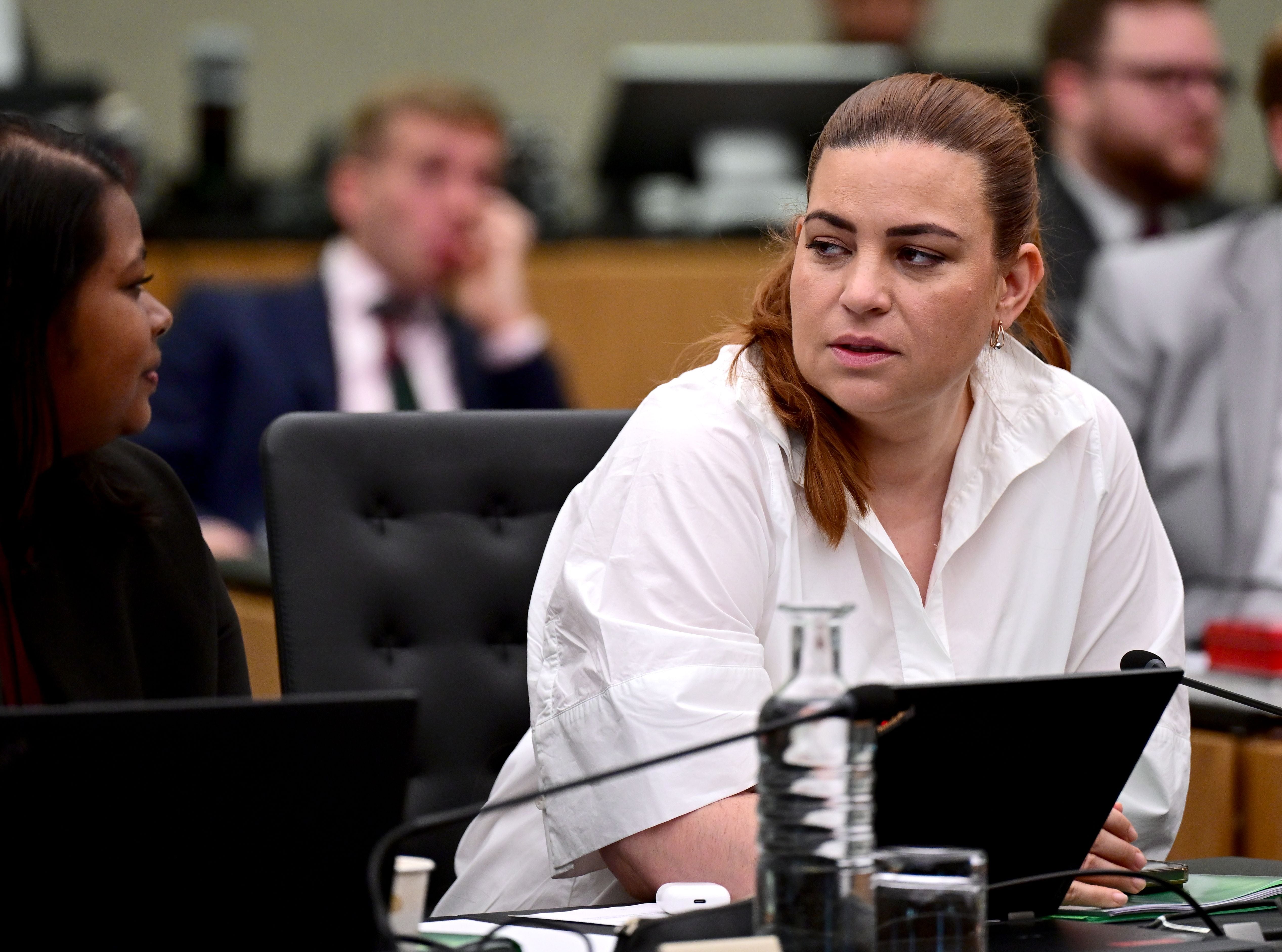 Nina Tomaselli sitzt mit anderen Personen bei einer Ausschusssitzung im Parlament in Wien.