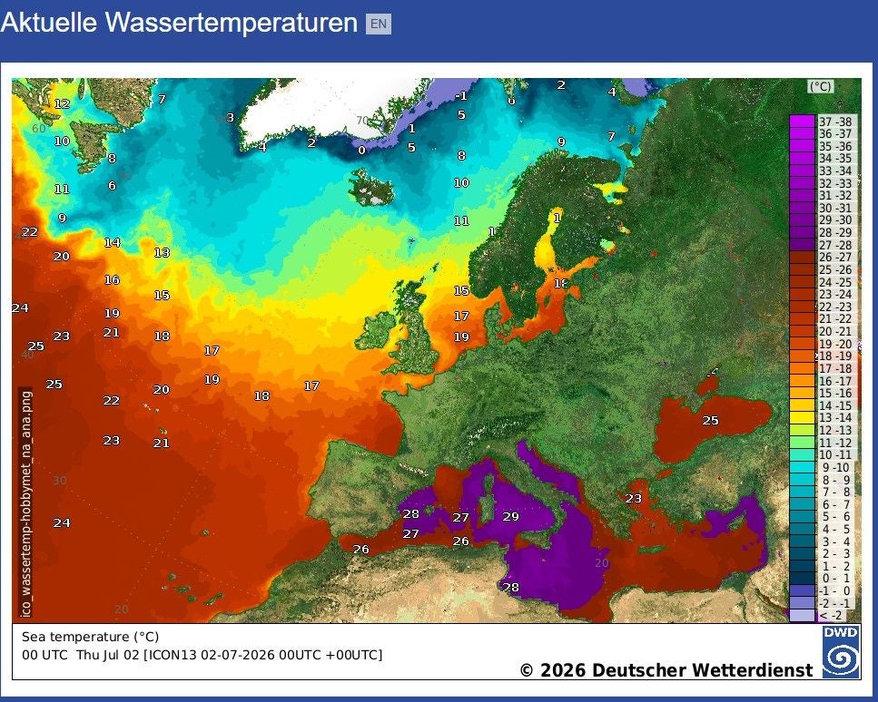 Farbige Karte zeigt aktuelle Wassertemperaturen in Europa und dem Nordatlantik in Grad Celsius.