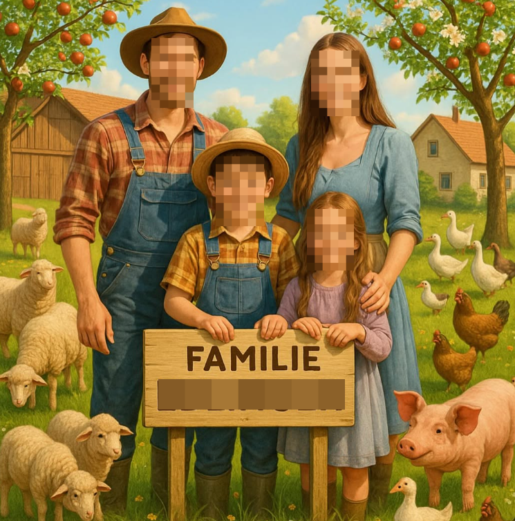 Eine vierköpfige Familie steht mit Tieren auf einem Bauernhof hinter einem Schild mit der Aufschrift „Familie“.