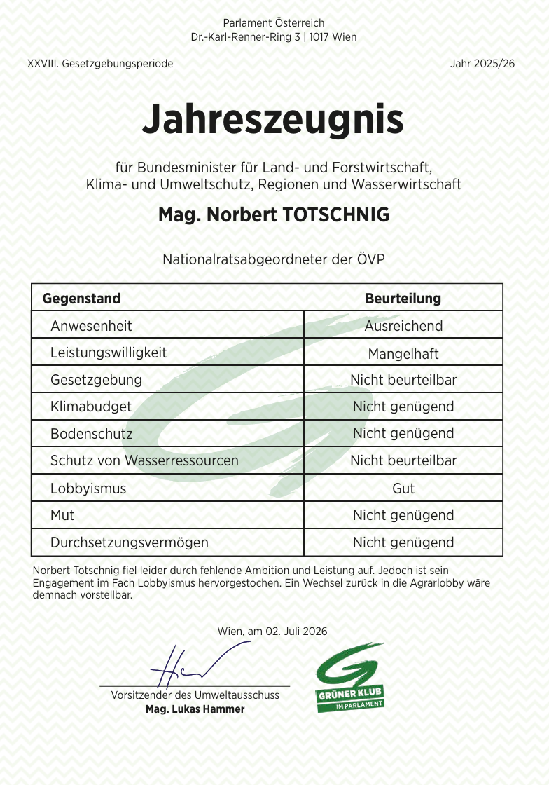 Satirisches Jahreszeugnis für Norbert Totschnig mit meist schlechten Bewertungen.