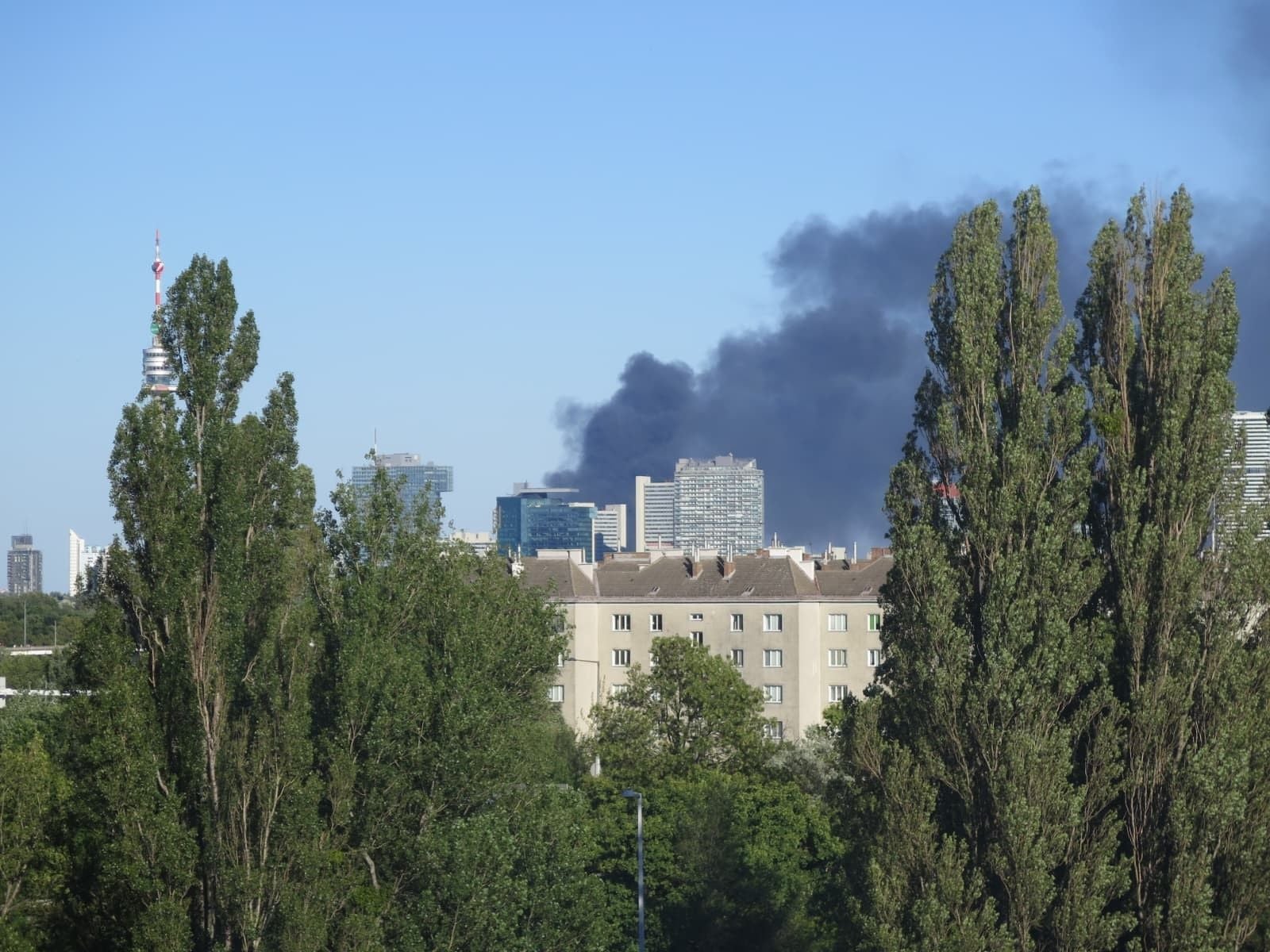 Dichter schwarzer Rauch steigt hinter Gebäuden einer Stadtlandschaft mit vielen Bäumen auf.
