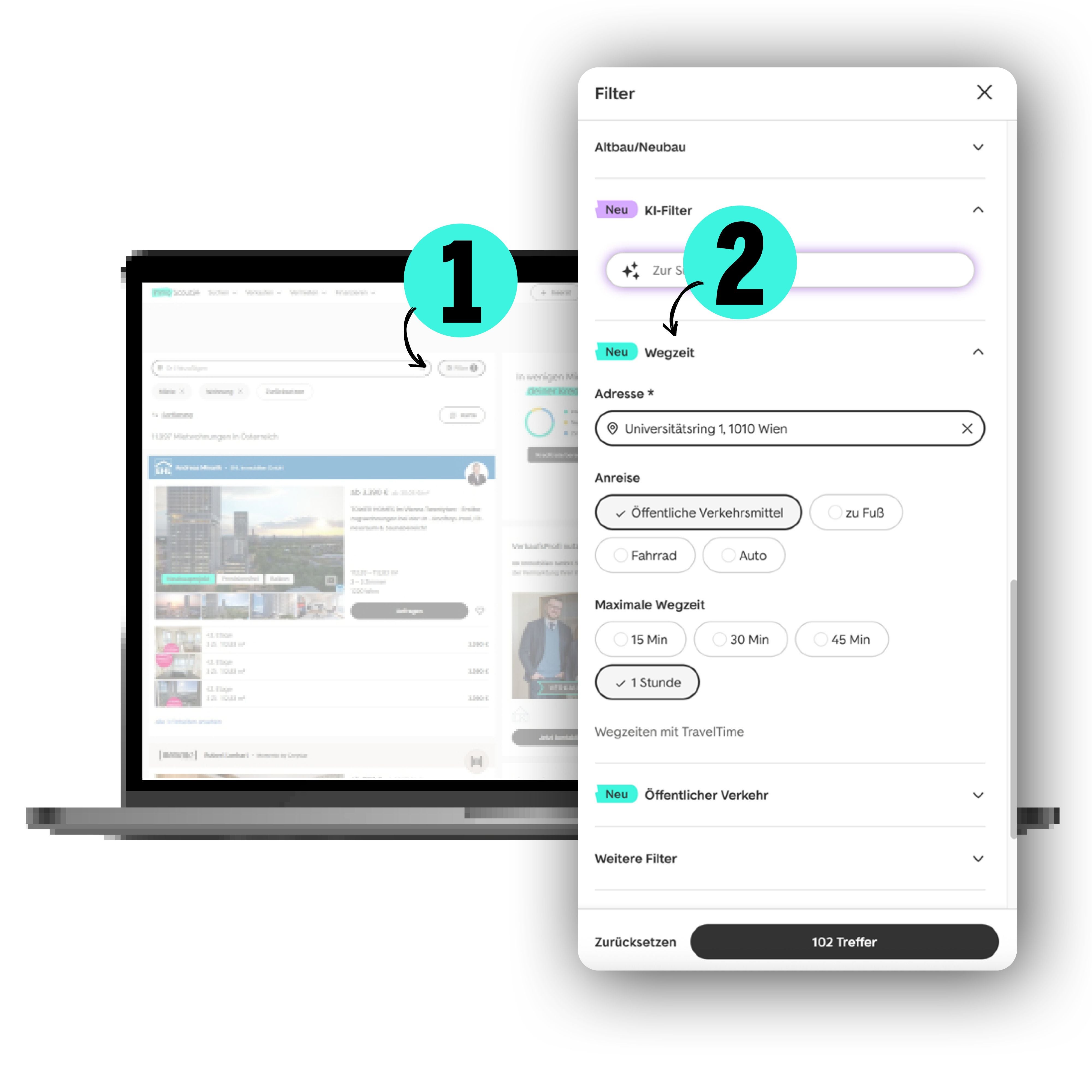 Ein Laptop zeigt eine Immobilien-Website mit geöffnetem Filtermenü für die Wohnungssuche.