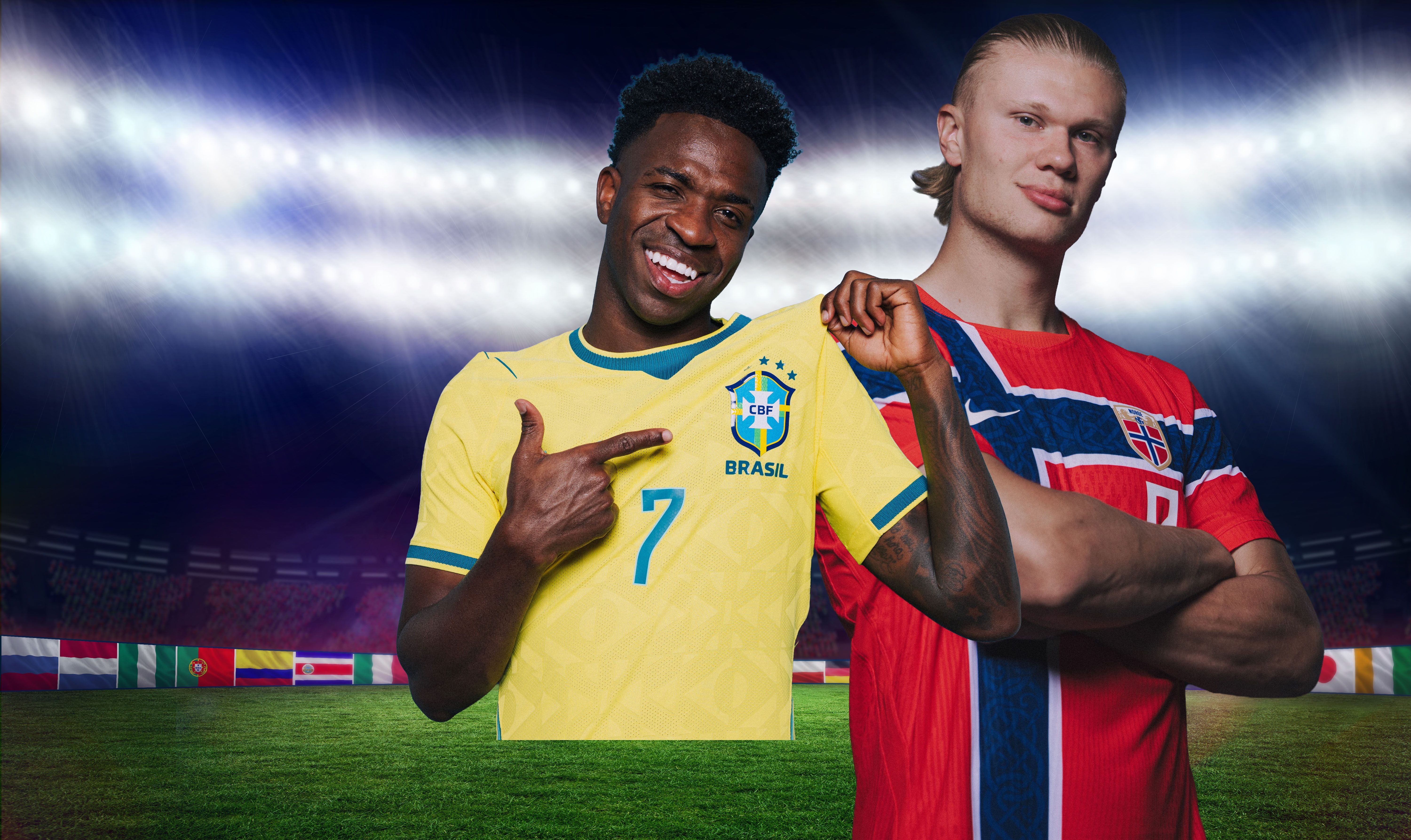 Zwei Fußballspieler im Stadion, einer trägt Brasilien-, der andere Norwegen-Trikot.