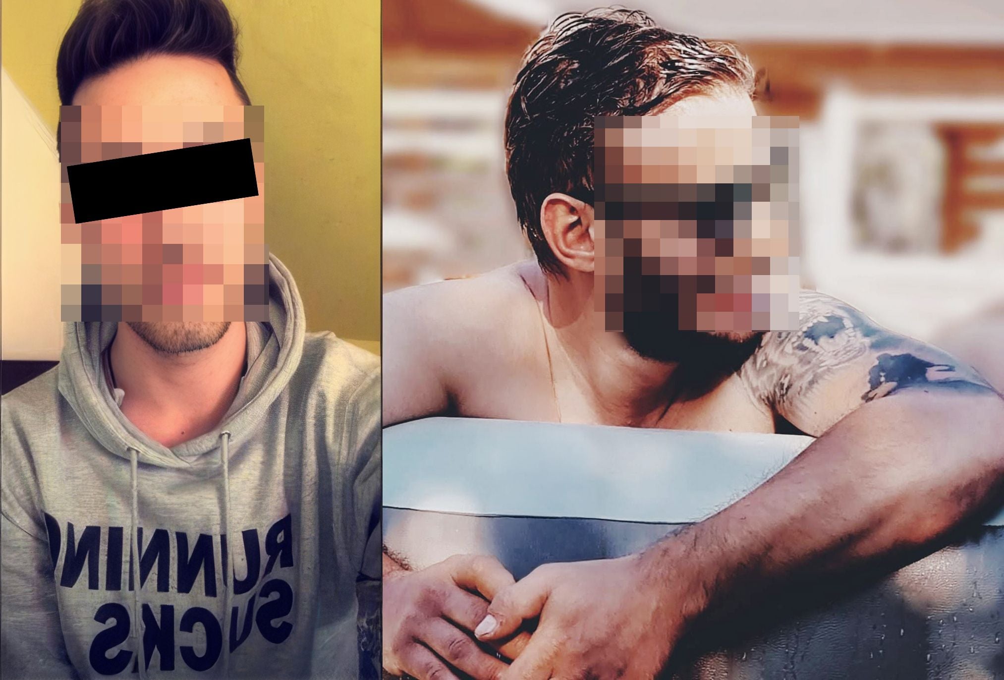 Zwei Männer mit verpixelten Gesichtern; einer trägt einen Hoodie, der andere ist oberkörperfrei im Wasser.