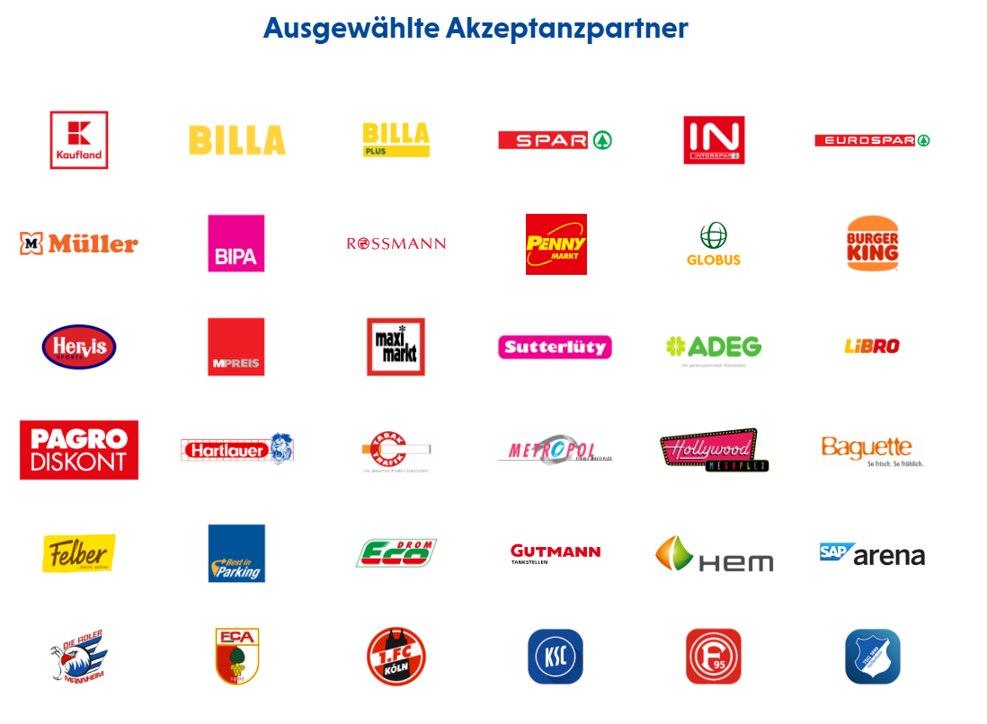 Logos verschiedener Einzelhändler, Tankstellen und Fußballvereine auf weißem Hintergrund.