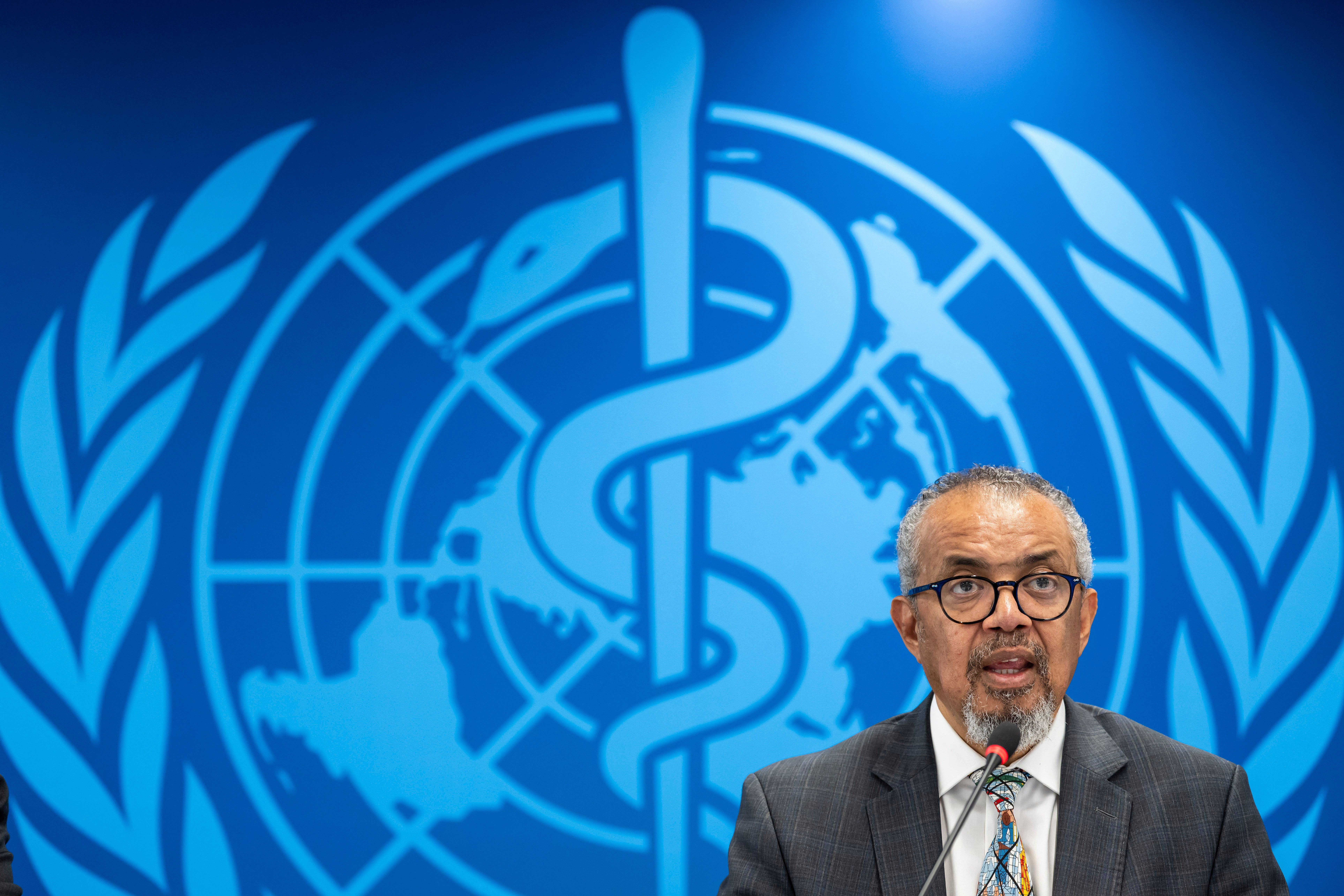 Ein Mann spricht auf einer Pressekonferenz vor einem großen WHO-Logo im Hintergrund.