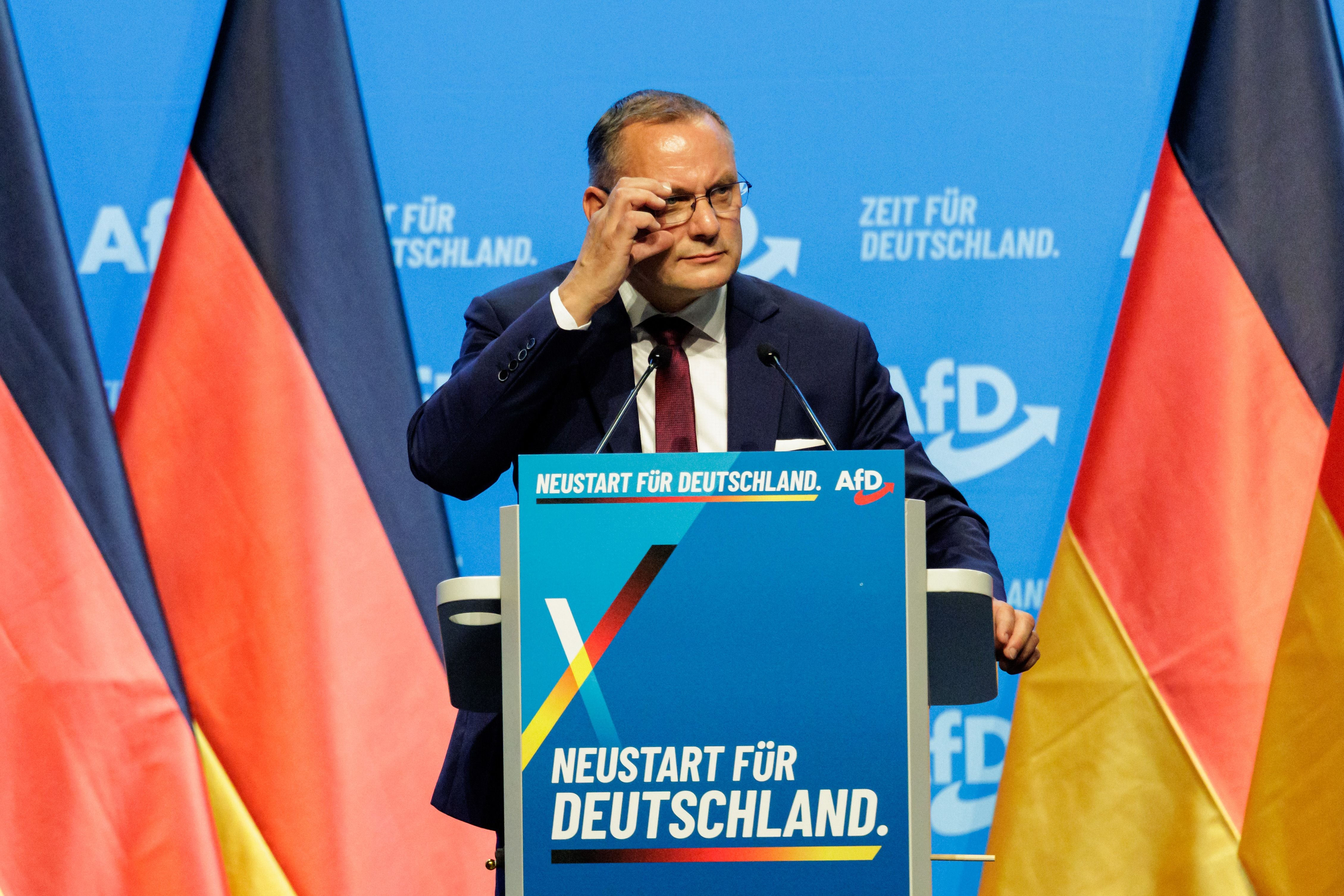 Ein Mann spricht am Rednerpult auf einem AfD-Parteitag vor deutschen Fahnen.