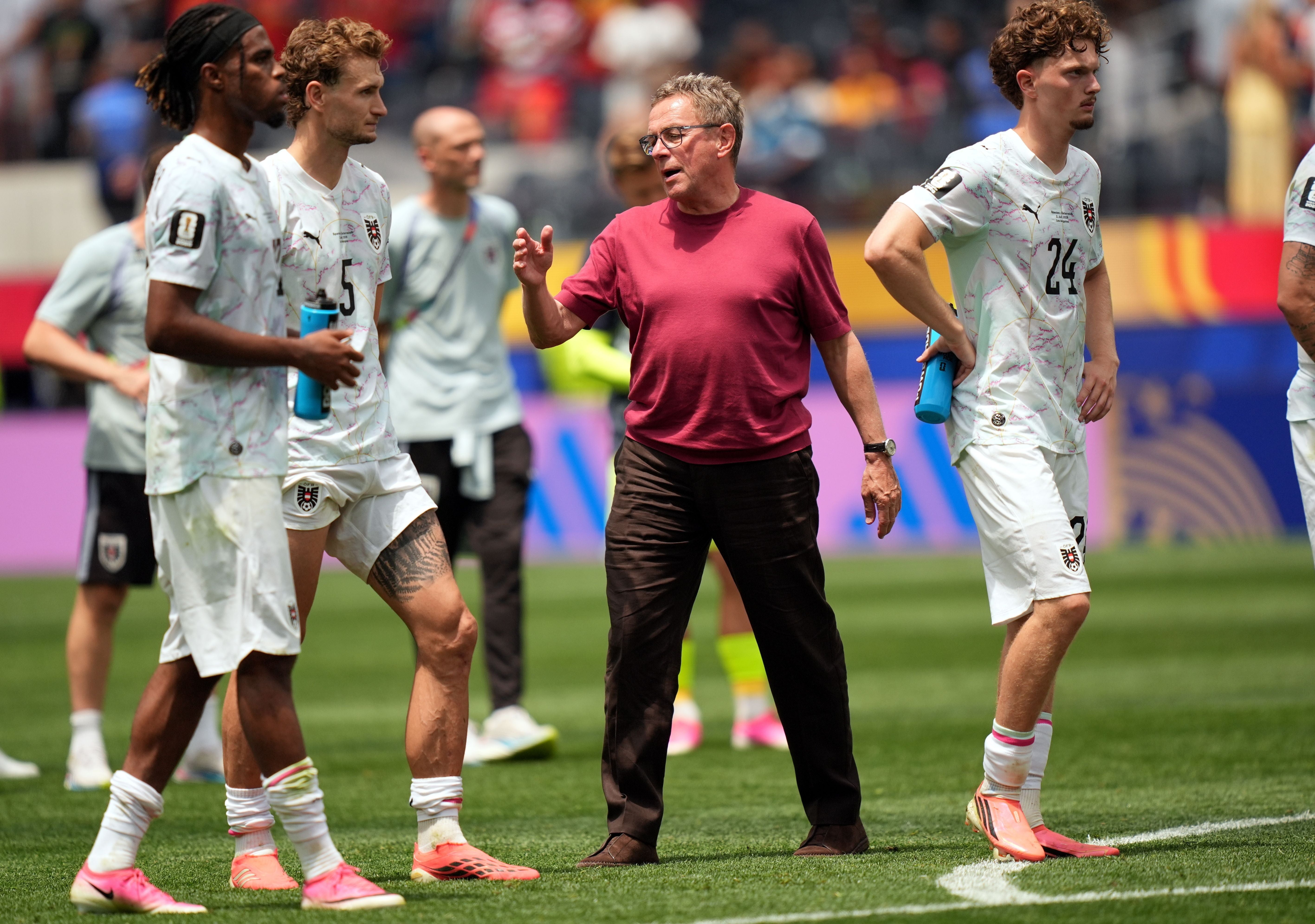 epa13081645 Austria's head coach Ralf Rangnick (C) and teammates react after the FIFA World Cup 2026 Round of 32 match Spain against Austria, in Los Angeles, USA, 02 July 2026. EPA/SCOTT STRAZZANTE
