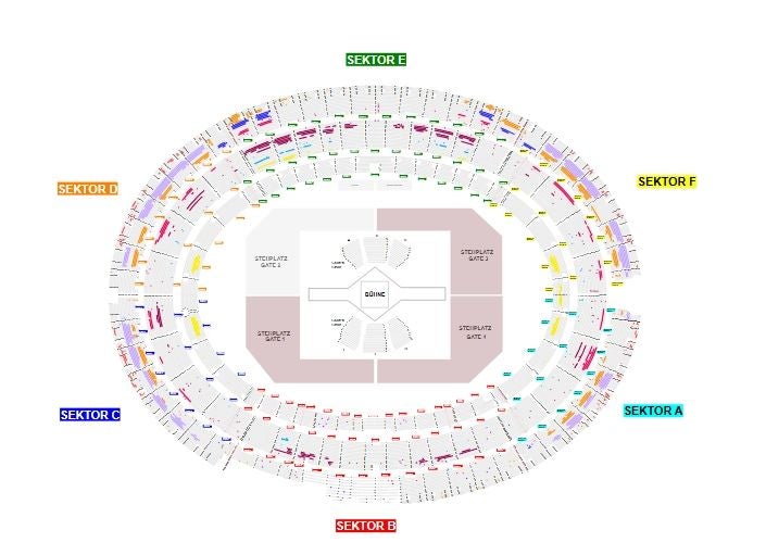 Sitzplan eines Stadions mit farblich markierten Sektoren für ein Helene Fischer Konzert.