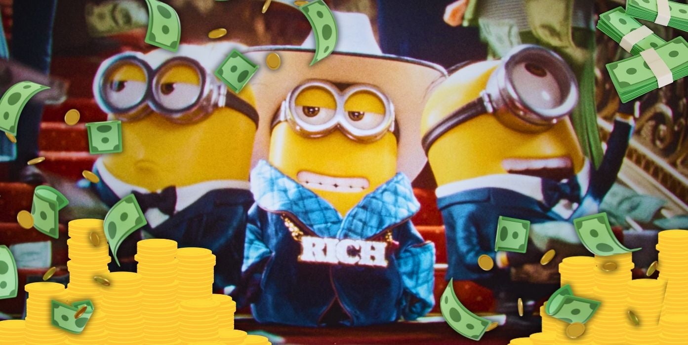 Drei Minions in Anzügen, umgeben von Geldscheinen und Münzen, einer trägt eine Kette mit "RICH".